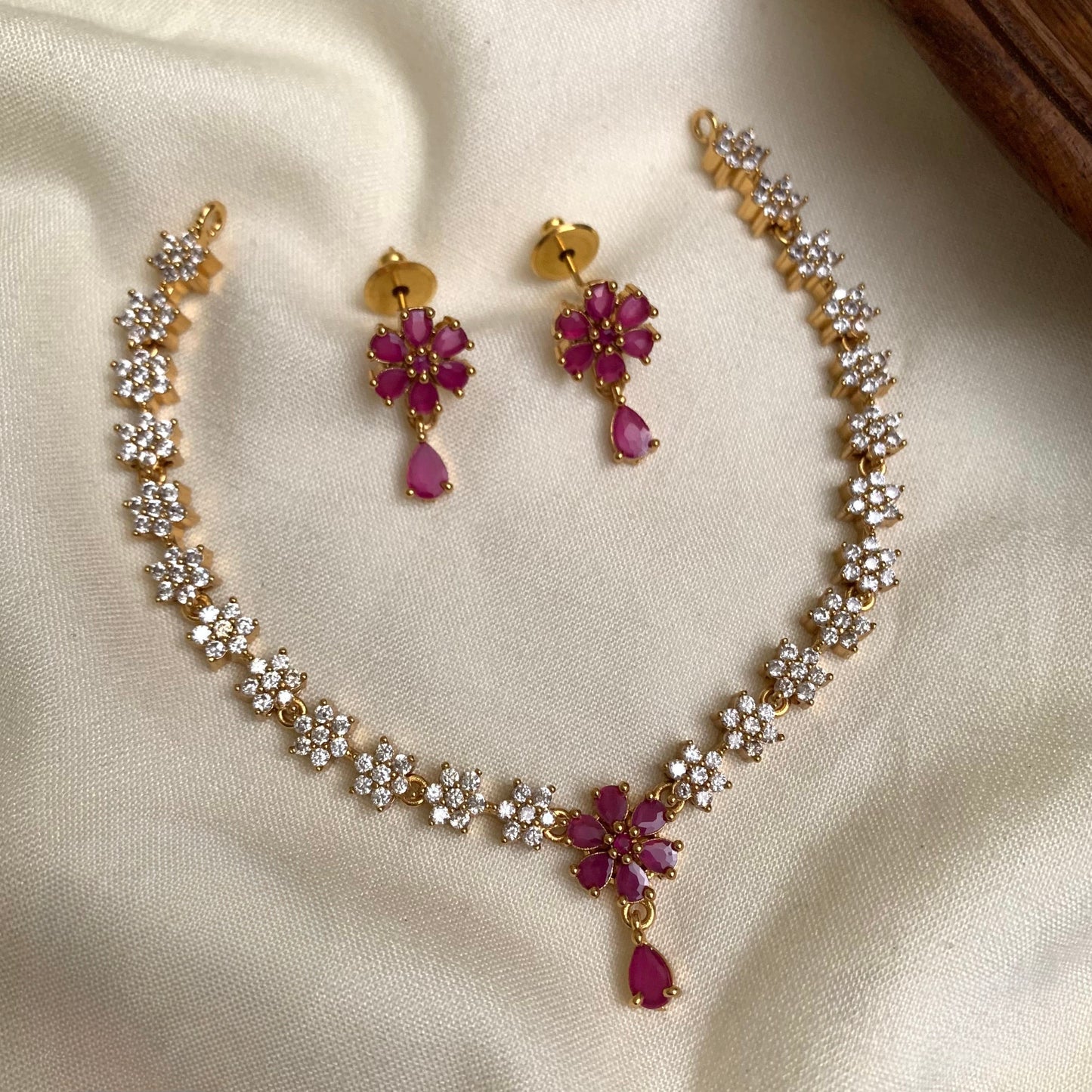 Gold-Toned Floral Stone-Studded AD Necklace 1602