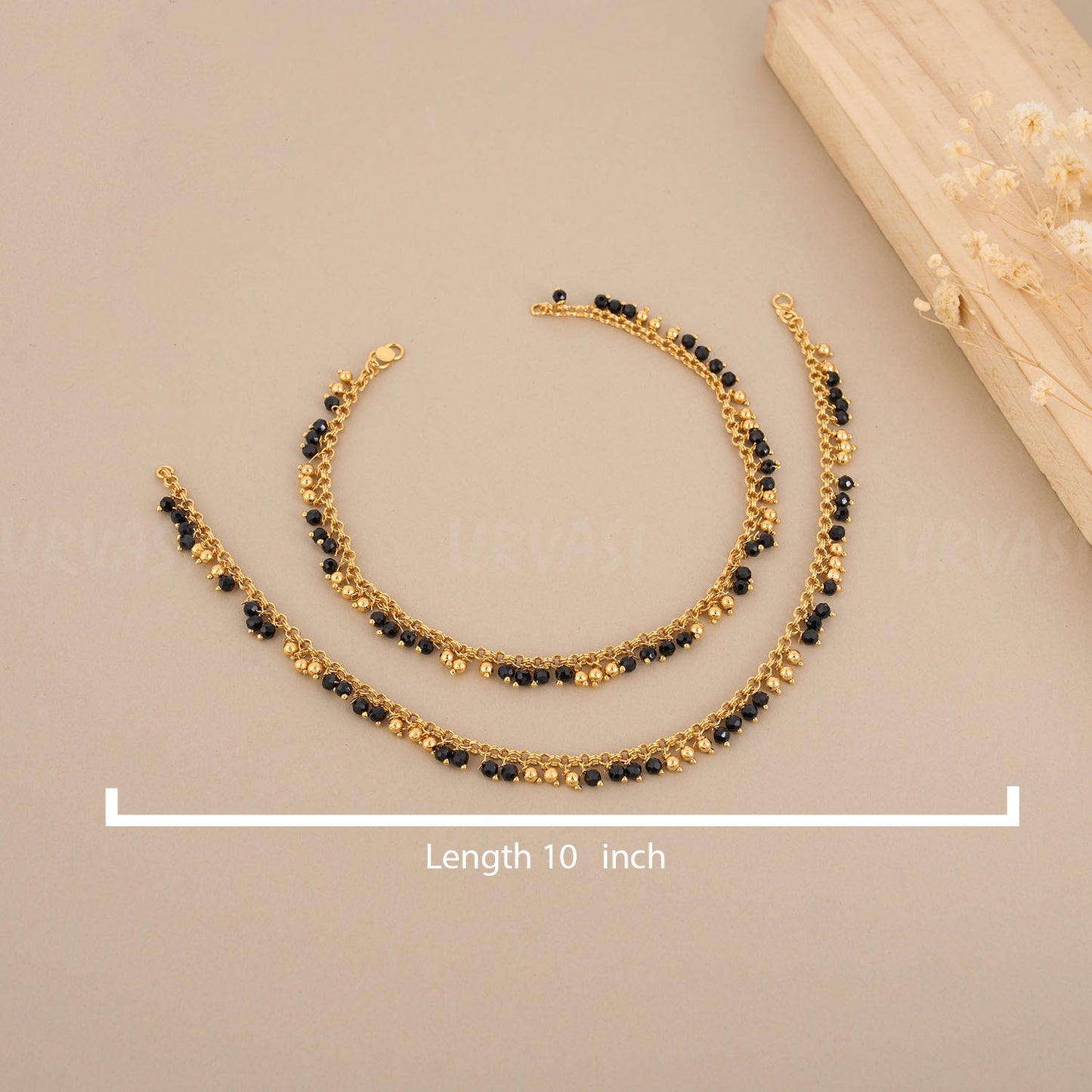 Gold-Toned Black Beaded Anklets AK 11