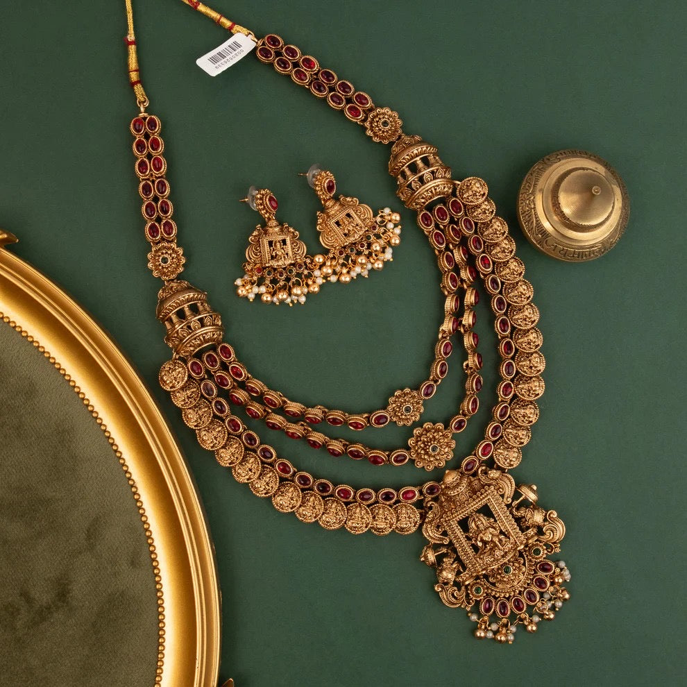 Gold-Polish Temple Lakshmi Kashu Floral long Necklace 1672