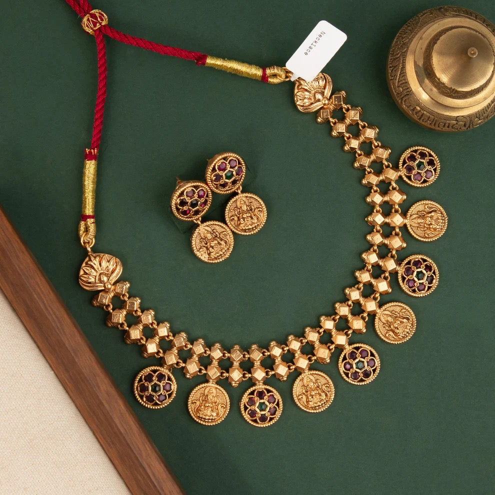 Gold-Toned Kaasu Lakshmi Floral Necklace 1624