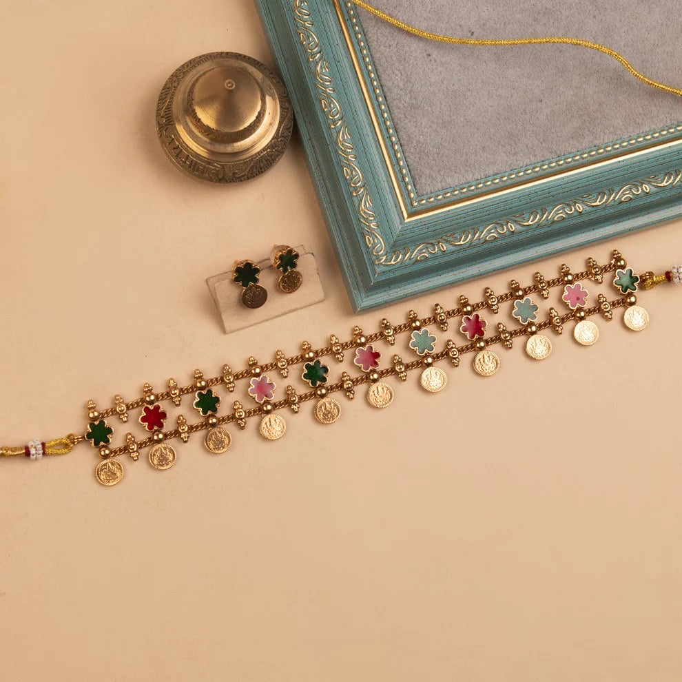 Gold-Toned Floral Lakshmi Kaasu Choker Necklace 1154