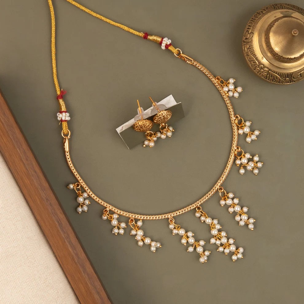 Gold-Toned Pearl Hanging Hasli Necklace 1610