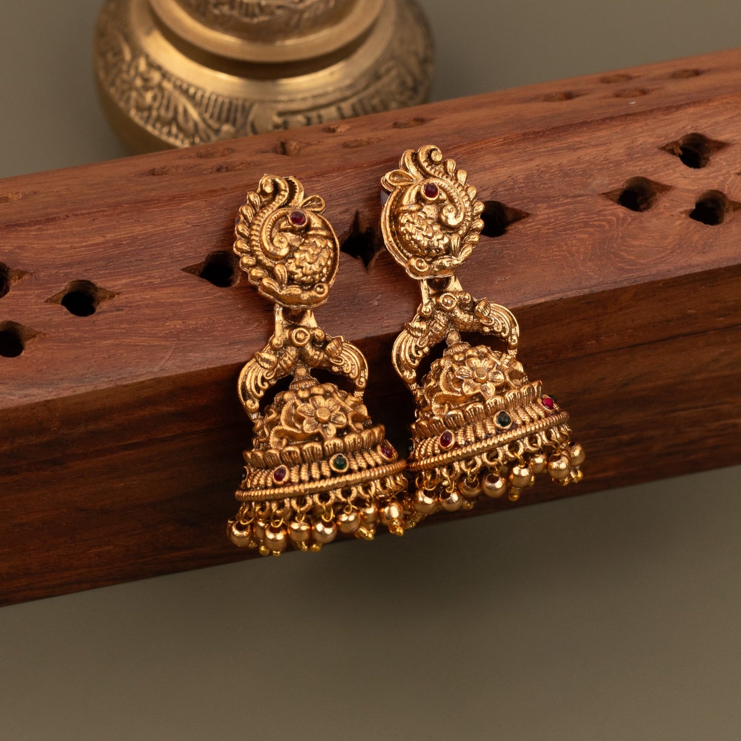 Gold-Toned Peacock Motif Floral Jhumka Earrings ER 364