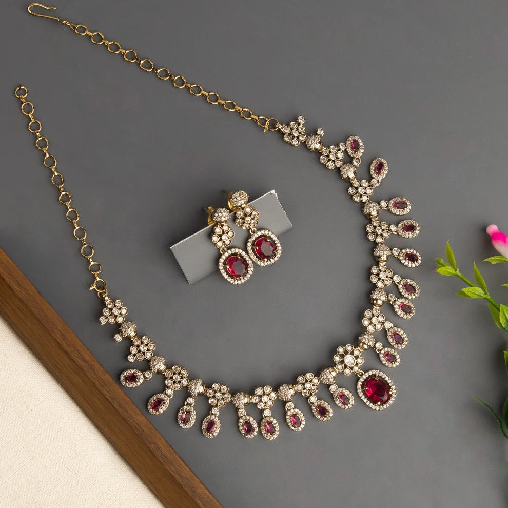 Mehendi-Polish AD Stone Floral Designed Necklace 1454