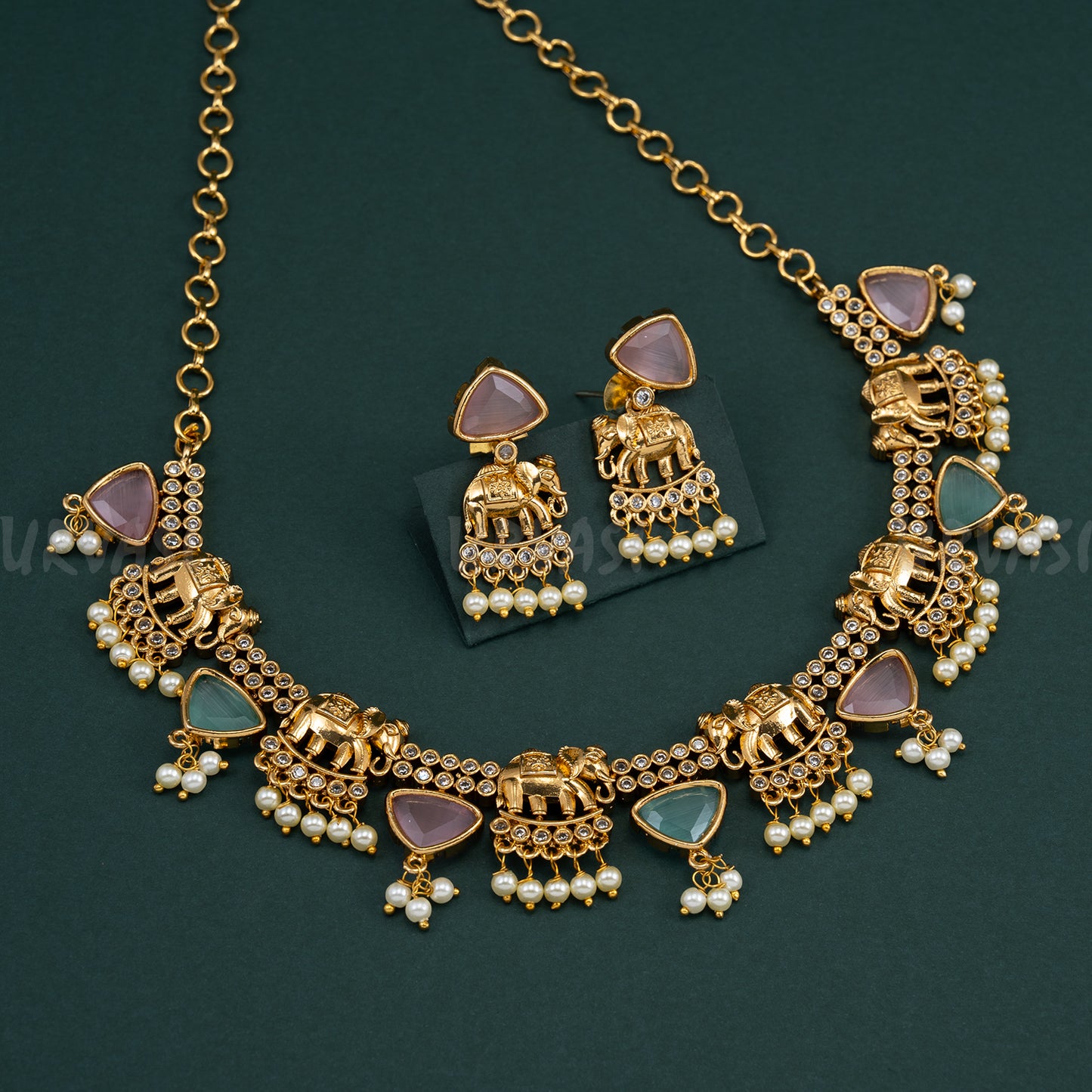 Gold-Toned Guttapusalu Elephant Motif Temple Necklace 230