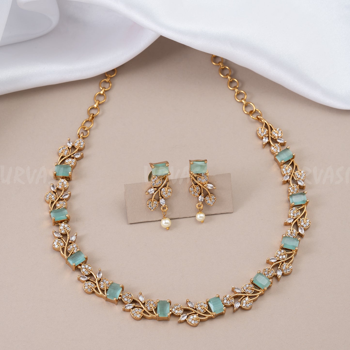 Gold-Polish Leaf Design AD Stone Necklace 251