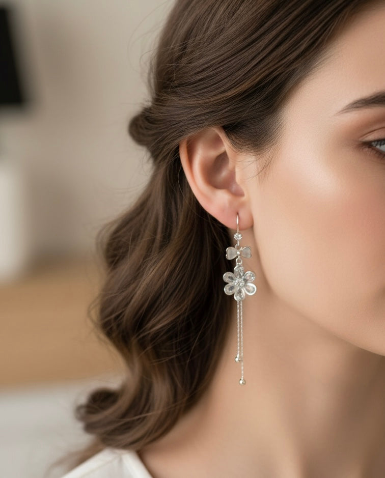 Rhodium Polish Floral Tassel Earrings ER 843