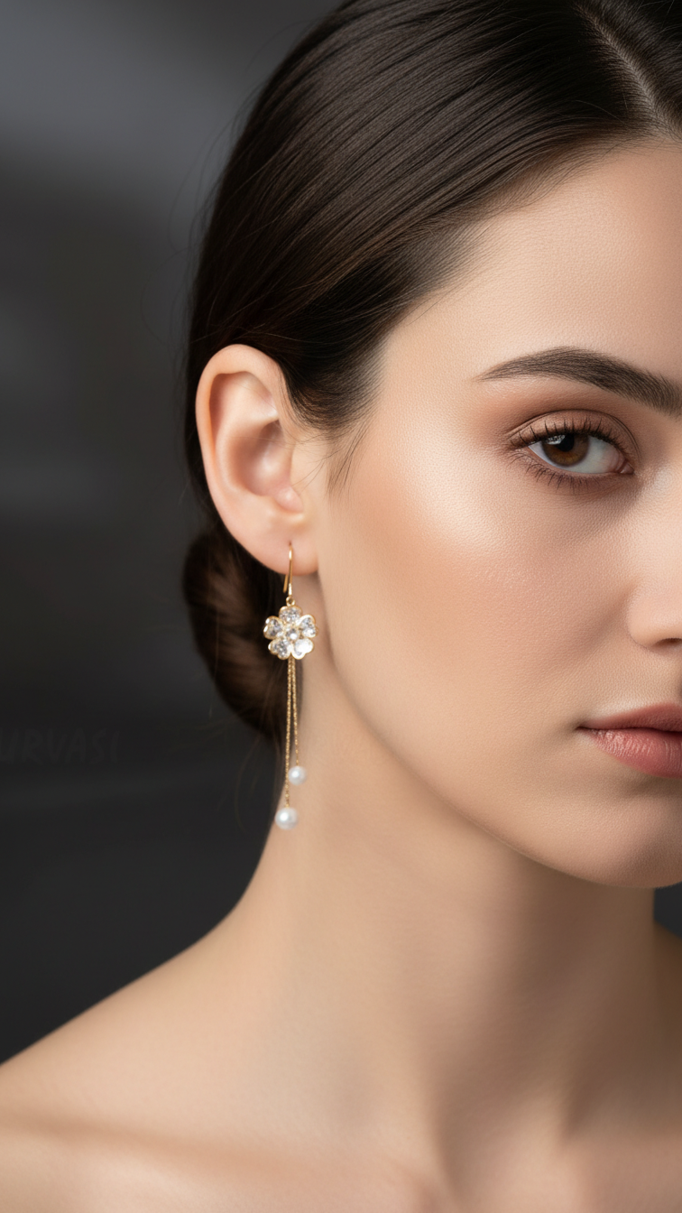 Gold-Polish Floral Hanging Tassel Earrings ER 842