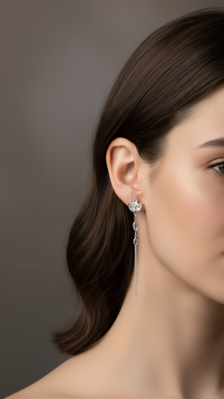 Rhodium Polish Leaf-Designed Tassel Earrings ER 844