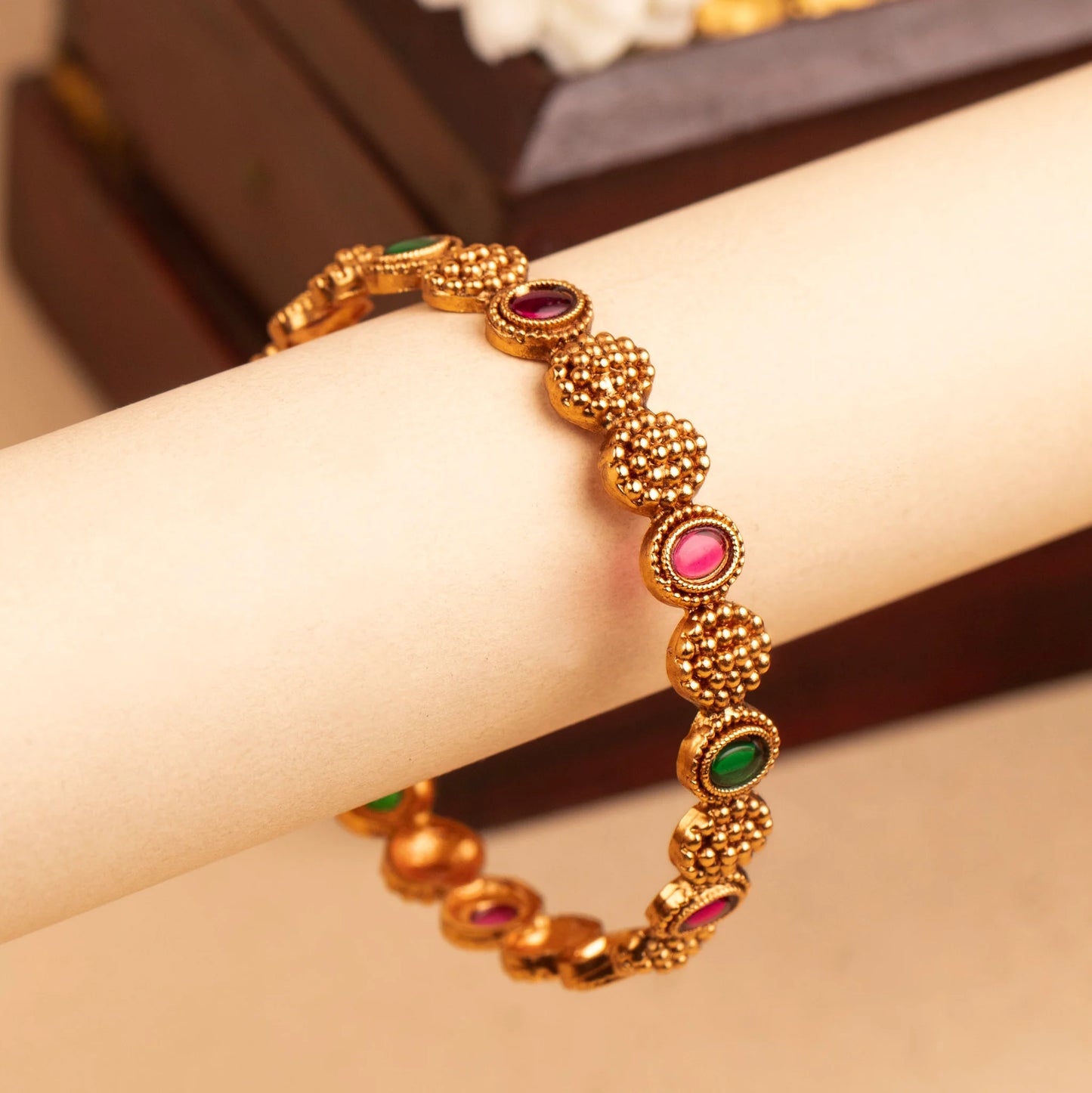 Gold-Toned Floral RubyGreen bangles BA 372