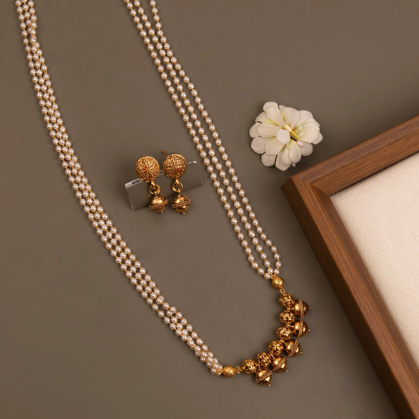 Gold-Toned Multi-Layer Pearl Beads Long Necklace 1313