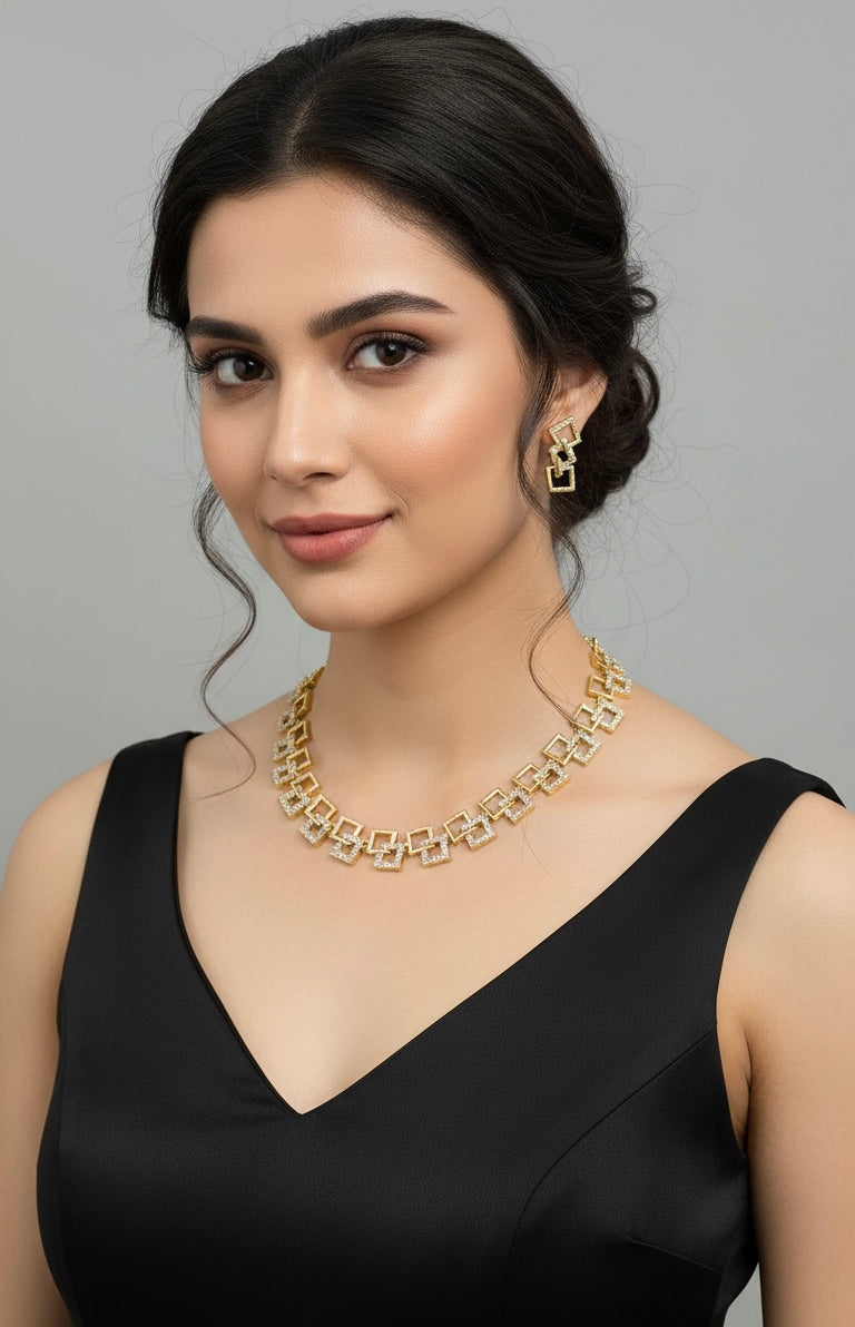 Gold-Polish Box-Designed AD Necklace 1312