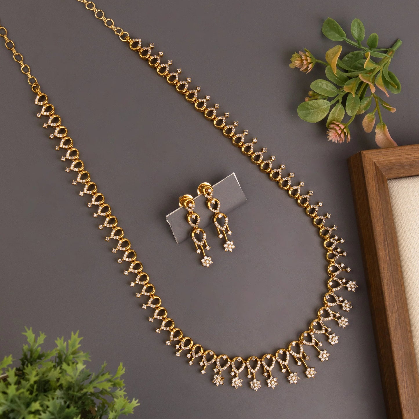 Gold-Toned Floral AD Long Necklace 1356