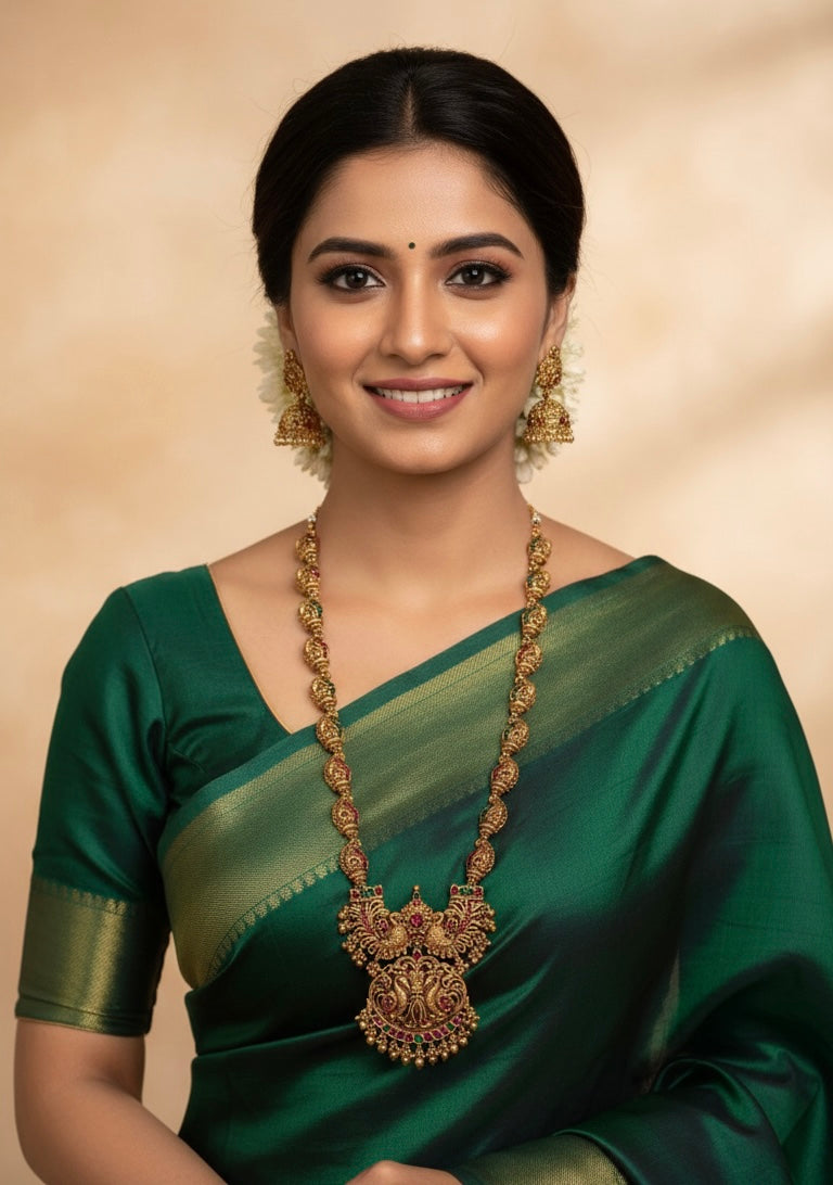 Gold-Toned Floral Peacock Motif Long Necklace 1371