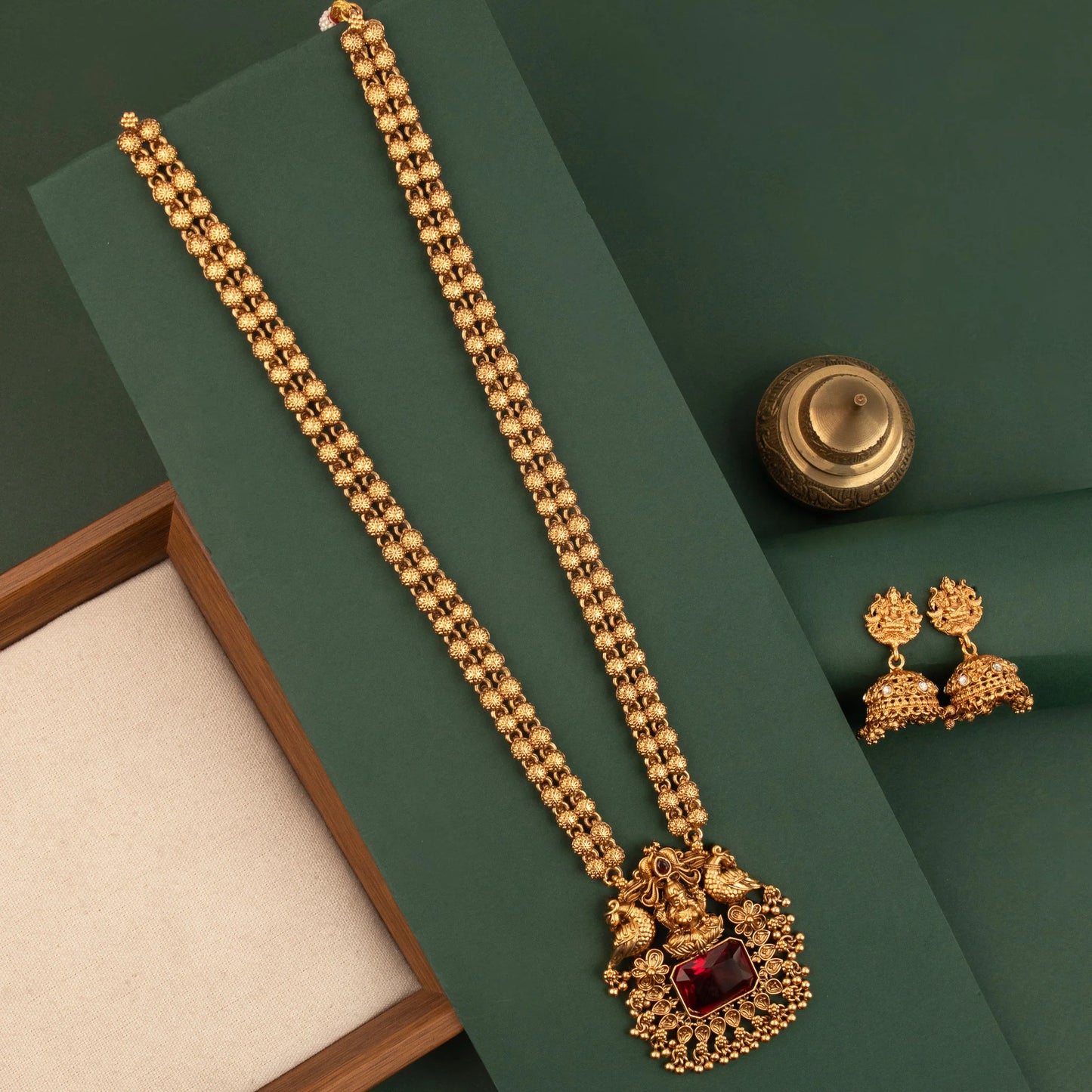 Gold-Toned Traditional Lakshmi Peacock Pendent Long Necklace 1822