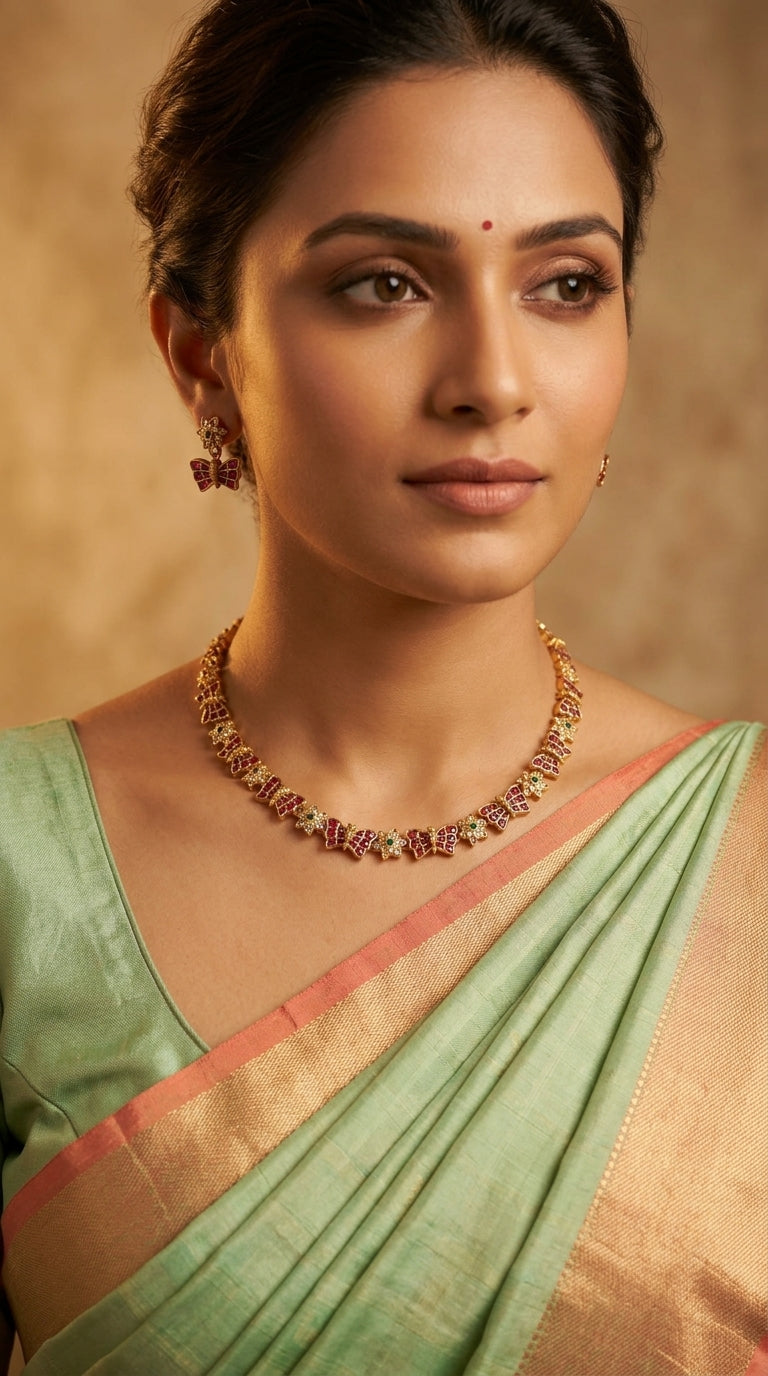 Gold-Toned Butter-Fly Designed Floral Necklace 679