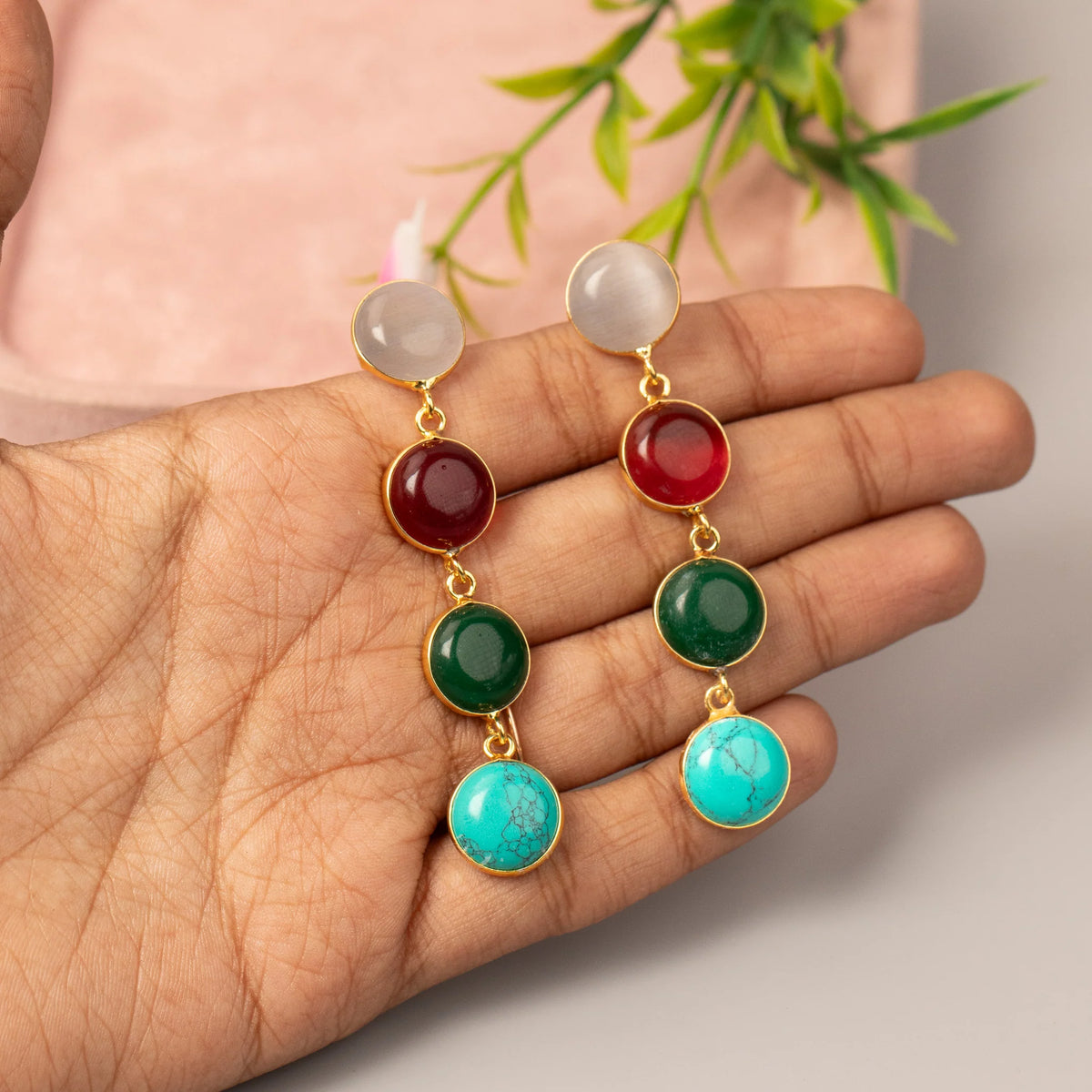 Gold-Toned Circle Glossy Stone Drop Earrings ER 1356