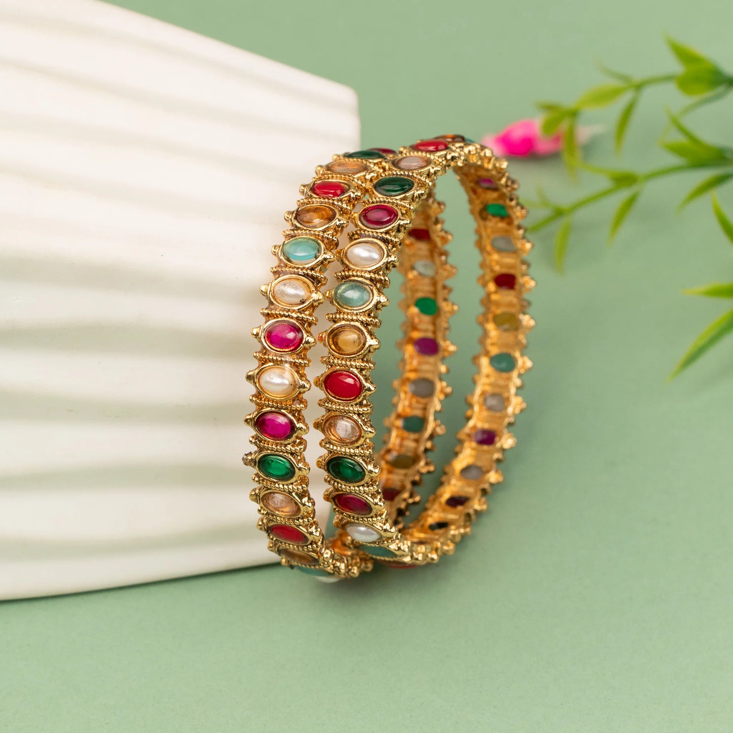 Gold-Toned Emerald Stone Bangles (Set of Two) BA 468