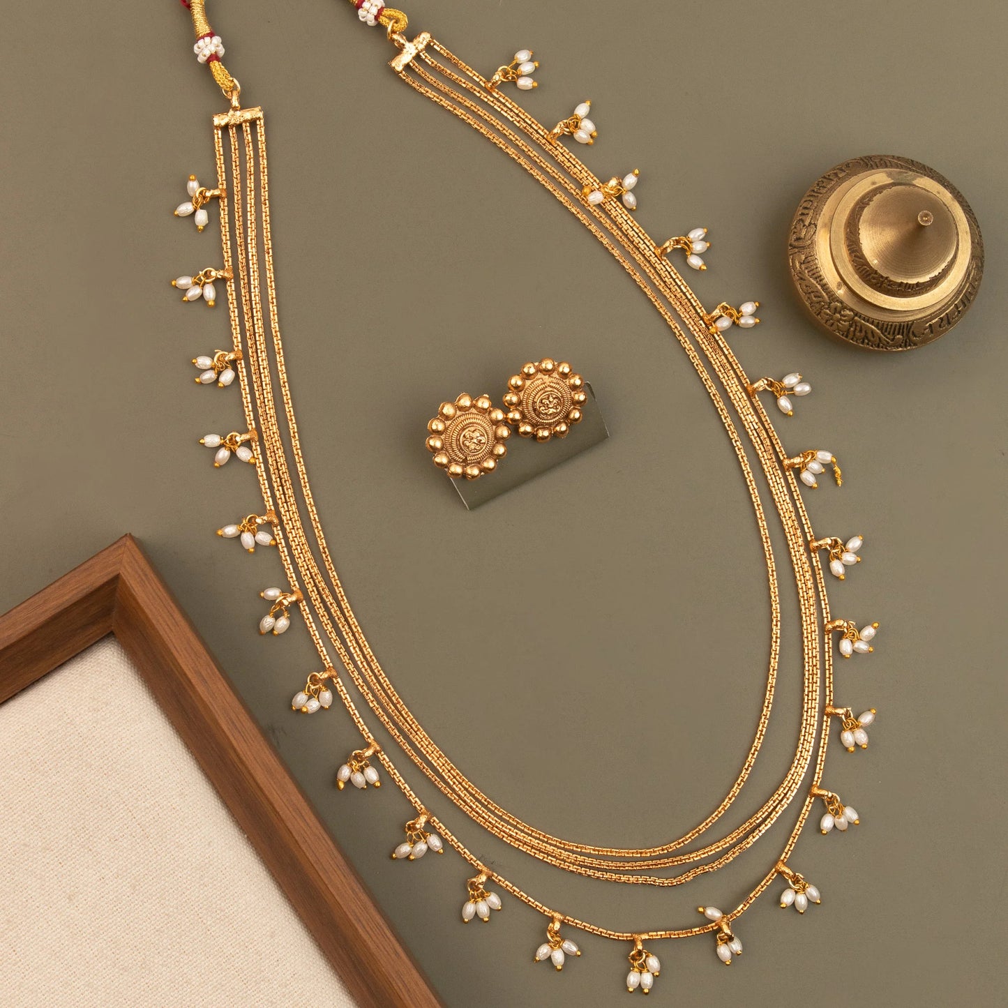 Gold-Toned Traditional Four-Layer Pearl Drop Long Necklace 1797
