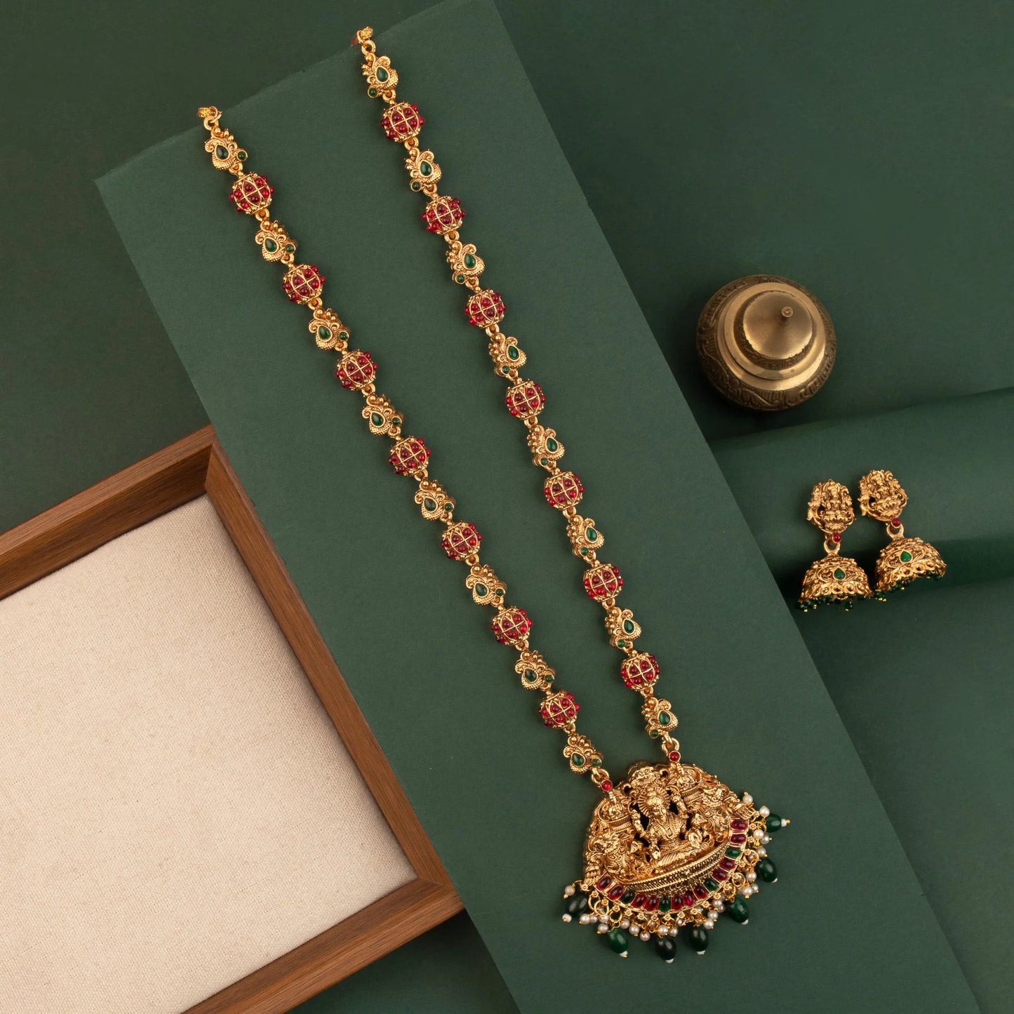 Gold-Toned Traditional Lakshmi Peacock Pendent Long Necklace 1825