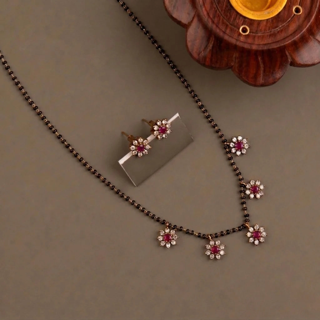 Gold-Toned Floral Stone-Studded Mangalsutra Mala Ma 160
