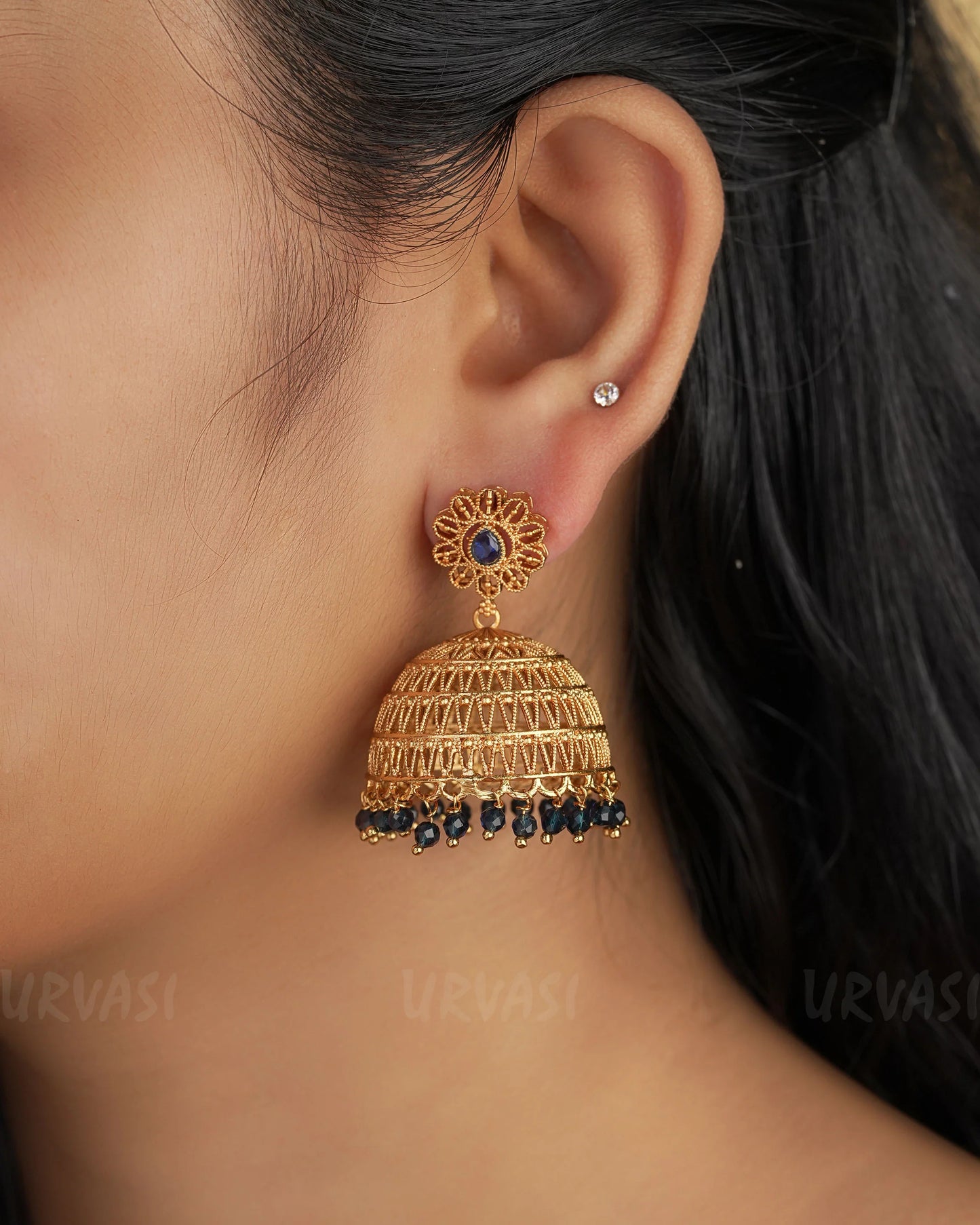 Gold-Toned Tear Drop Designed Bead Hanging Jhumka Earrings ER 252