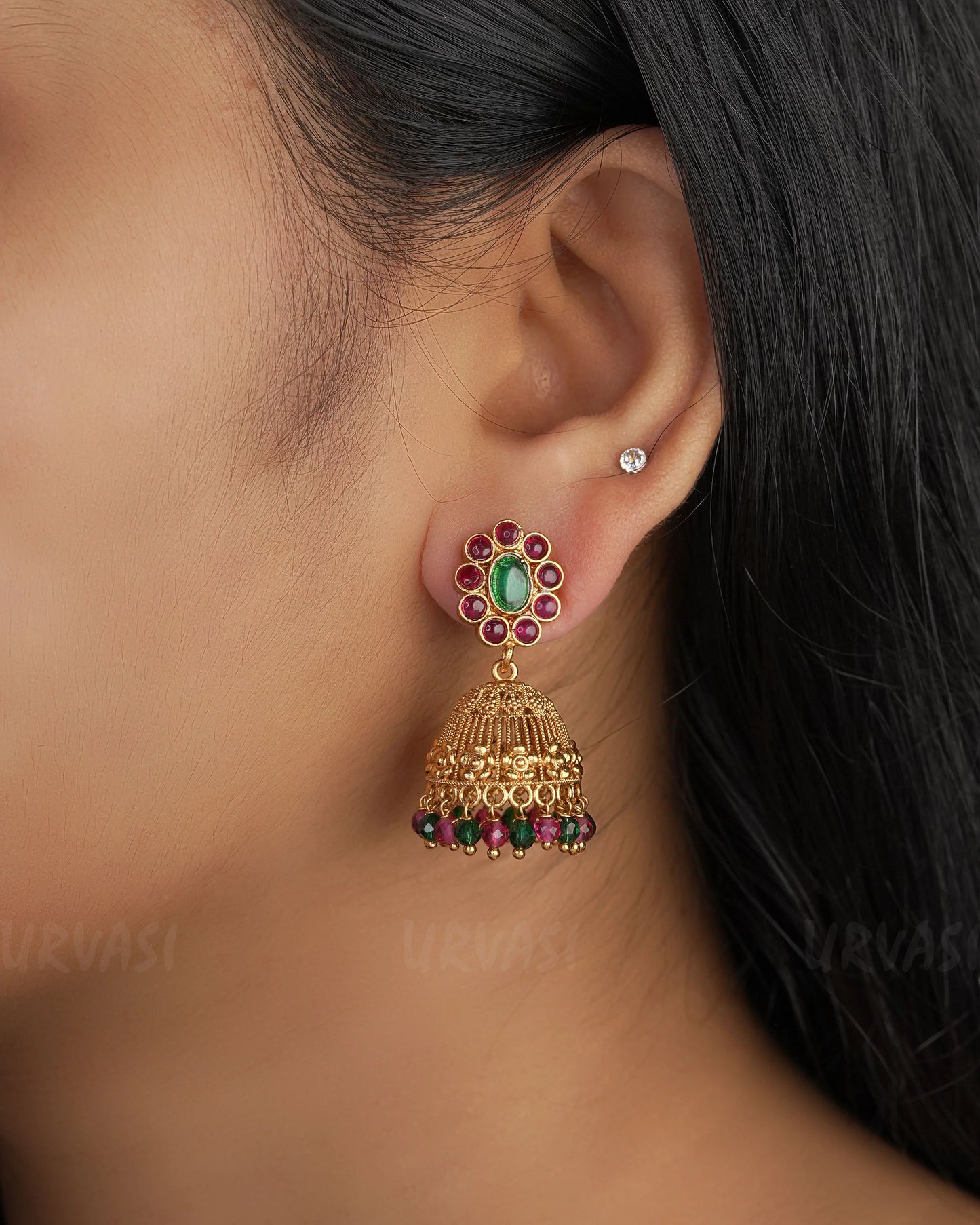 Gold-Toned floral Ruby Earrings ER 15