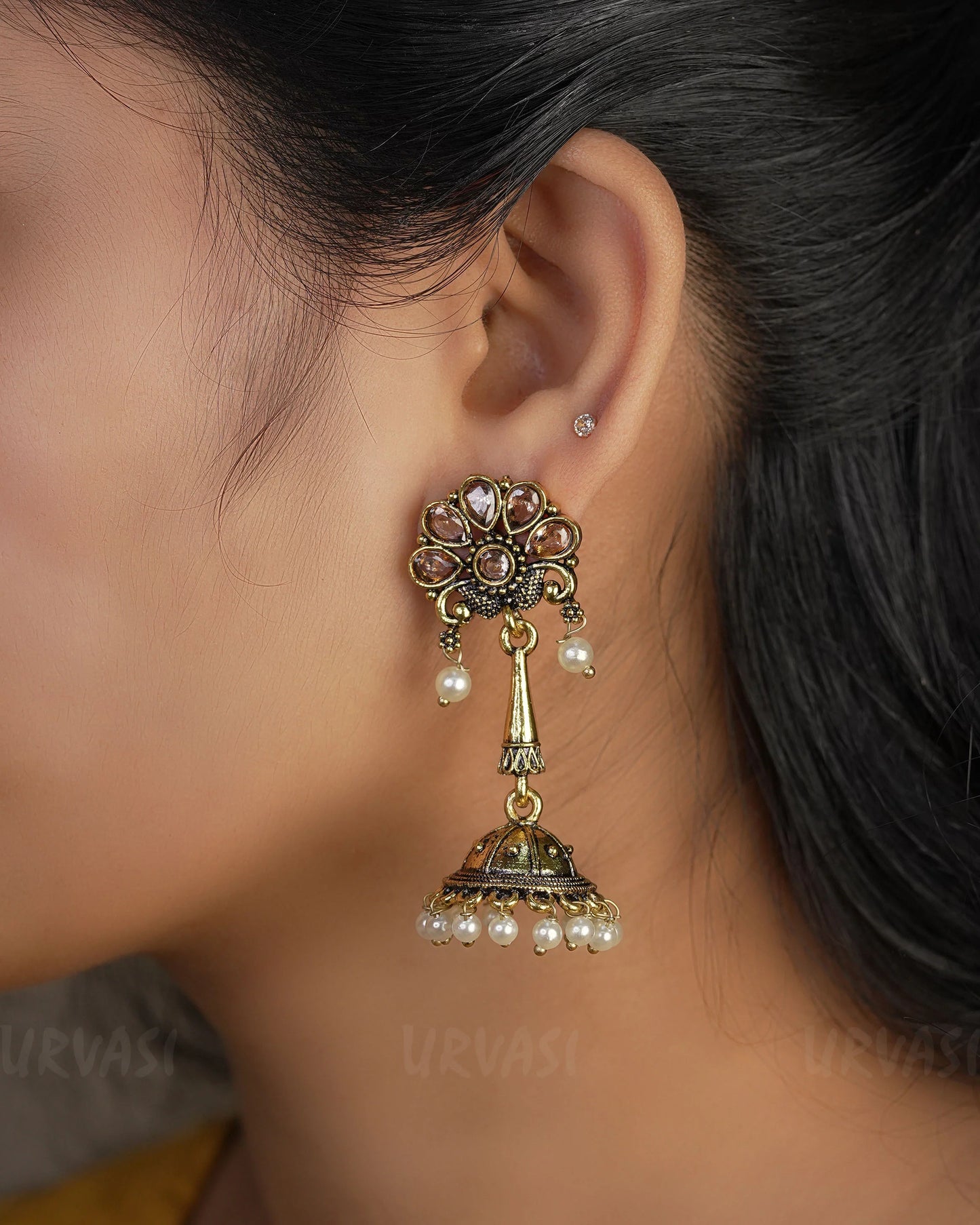 Floral Top Oxidised Gold Jhumka Earrings ER 442