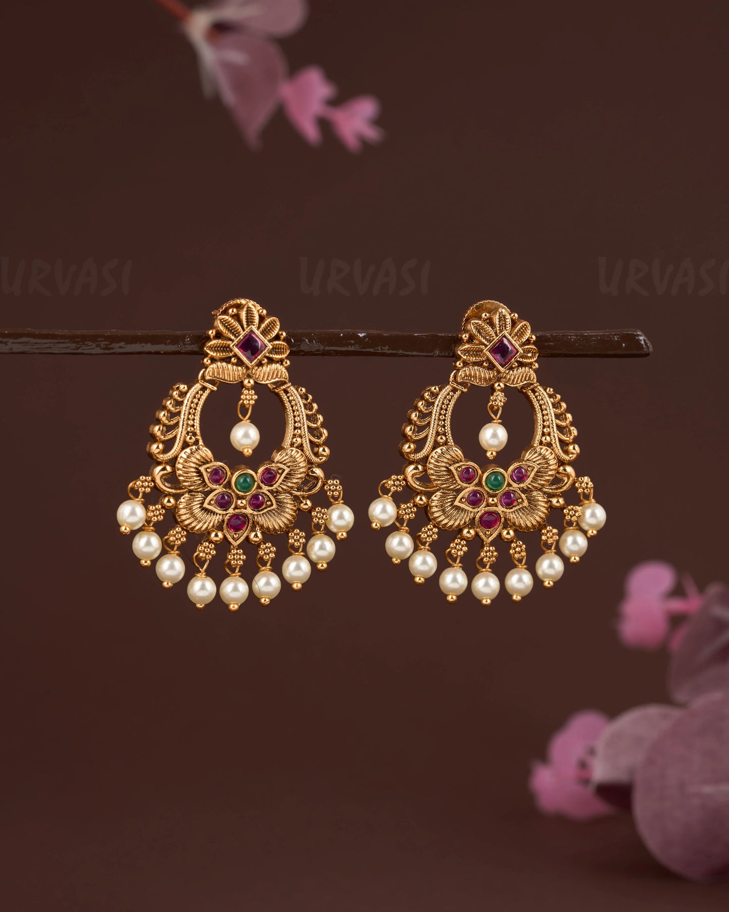 Gold-Toned Floral Bead Hanging Earrings ER 685