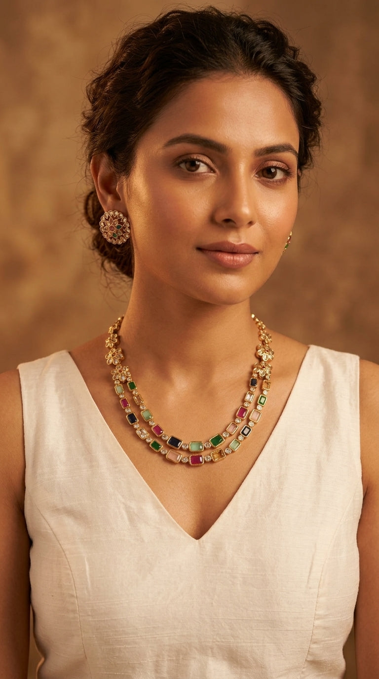 Gold-Toned Floral Stone-Studded Multi Necklace 1407
