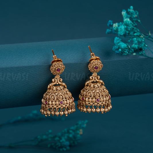 Gold-Polish Antique Floral Ruby  Earrings ER 83