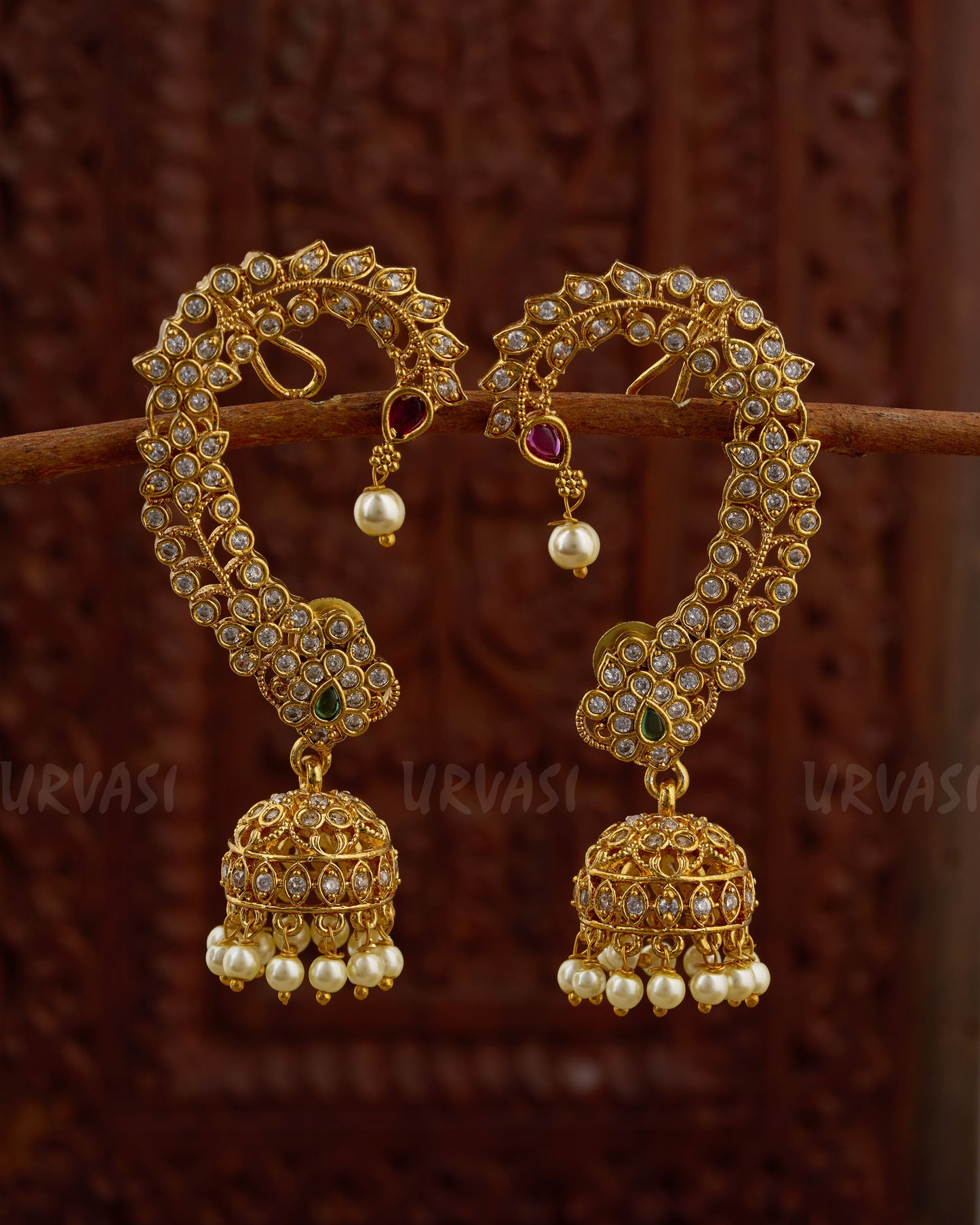 Gold-Toned Stone-Studded Jhumka Ear-Cuff Earrings ER 884