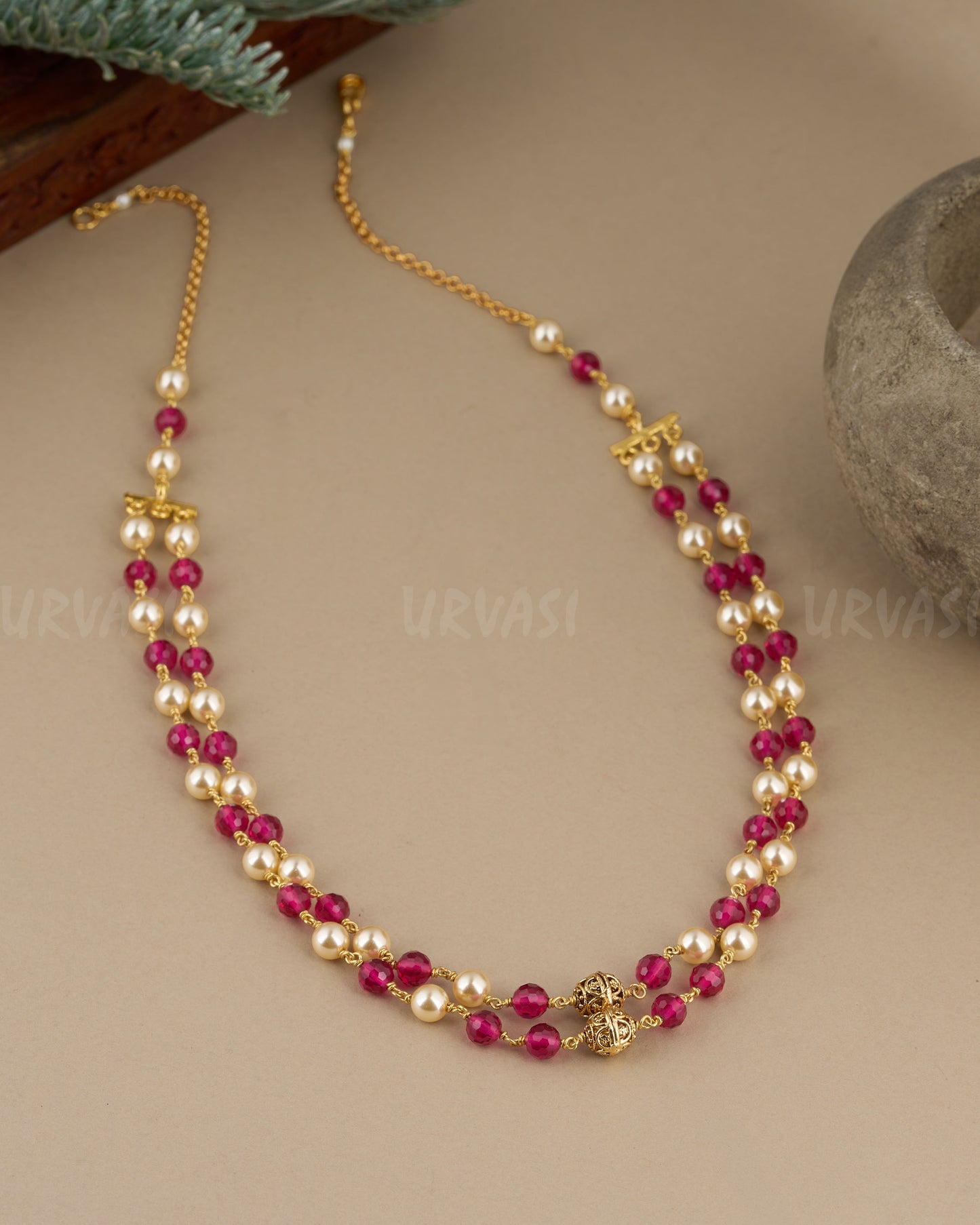 Gold-Toned Beaded Two Layer Pearl Short Mala Ma 106