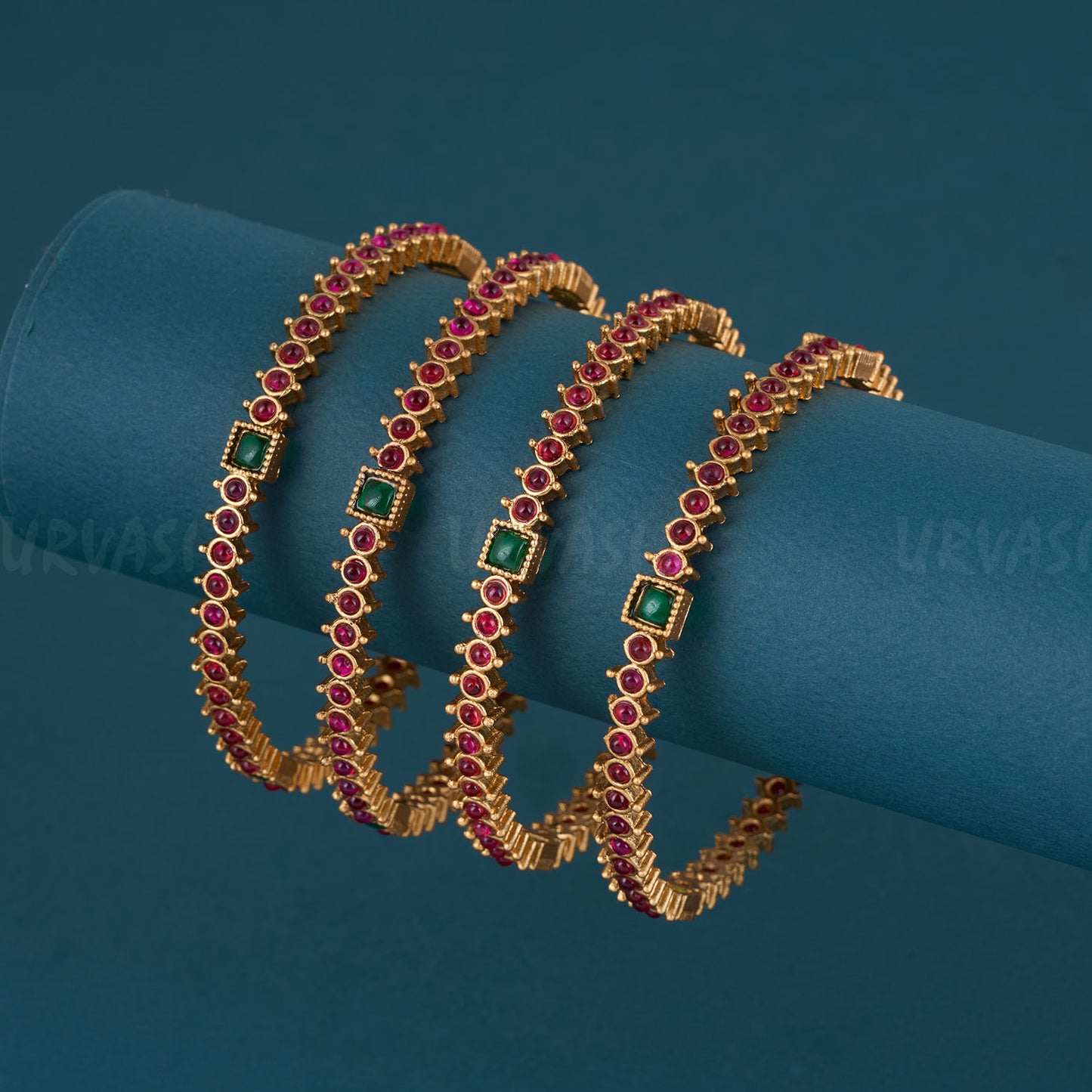 Gold Toned Ruby Emerald Exquisite Stoned Bangles BA 42 {Set of 4}