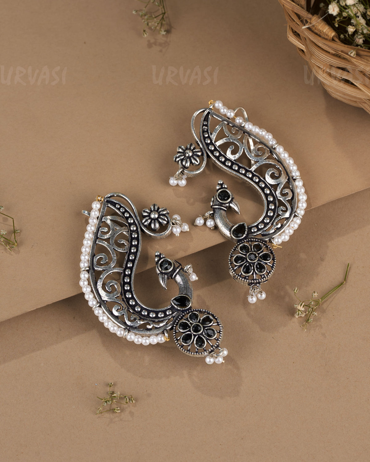 Oxidised Silver Floral Peacock Earcuff Earrings ER 1265