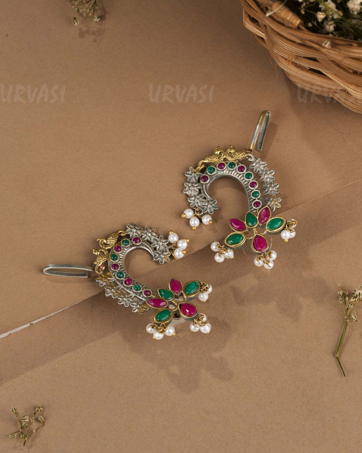 Oxidised Silver Floral Peacock Earcuff Earrings ER 1262