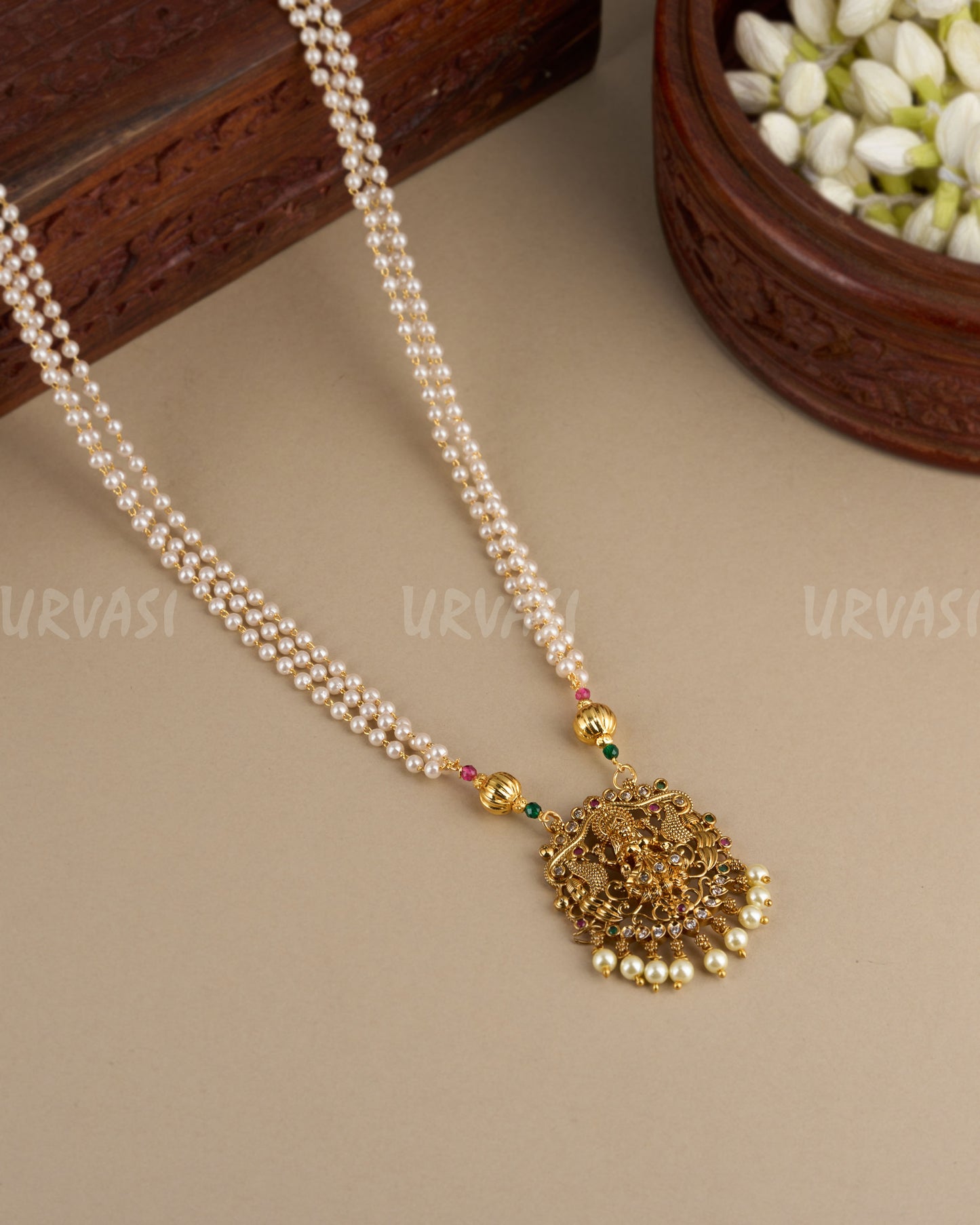 Gold Toned Lakshmi Pendant Pearl Mala Ma 095