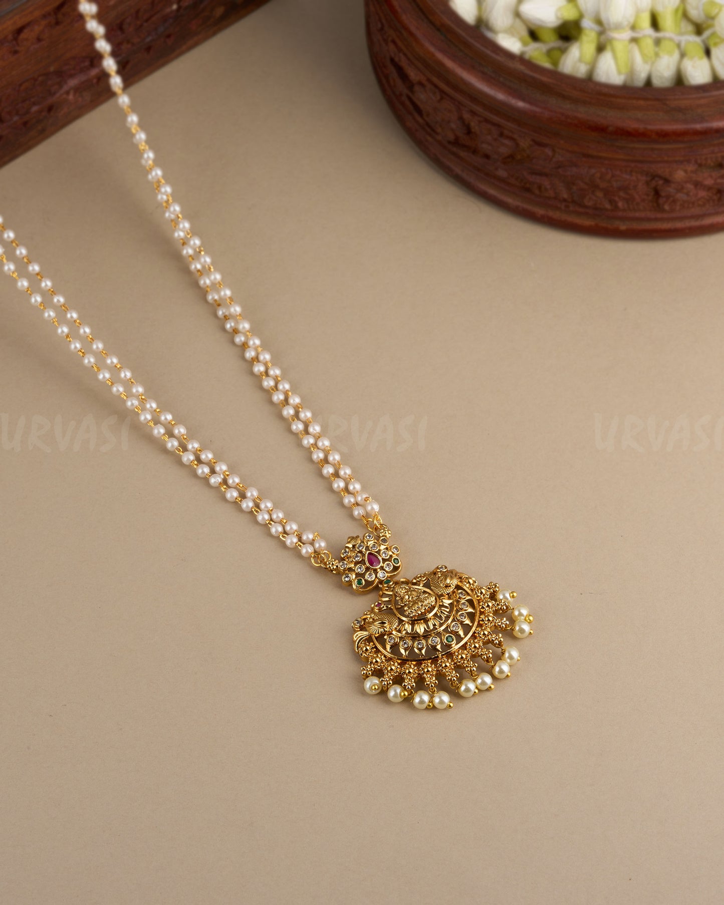Gold-Toned Lakshmi Pendant Pearl Mala Ma 094