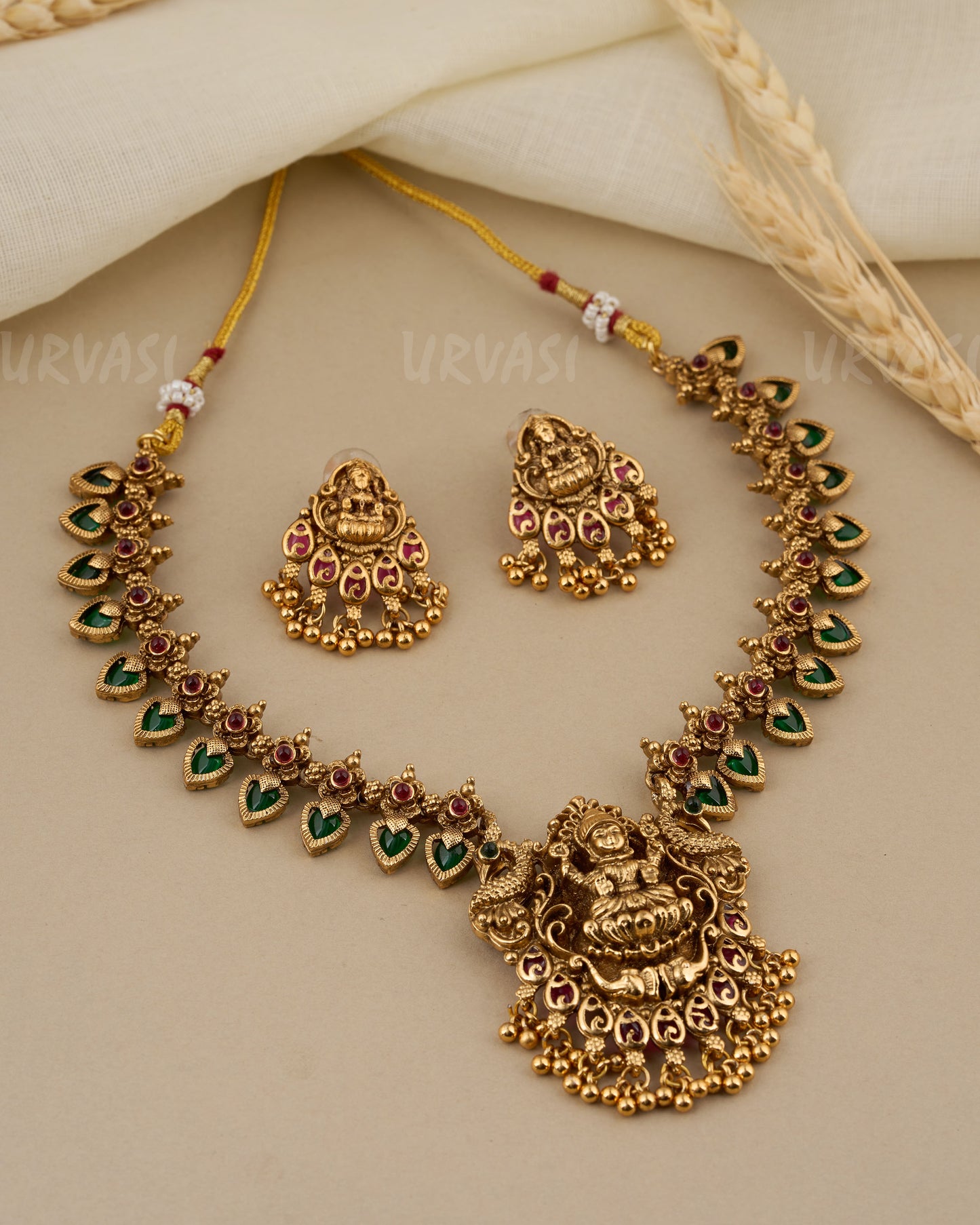 Gold-Toned Lakshmi Pendant Leaf Designed Necklace 011