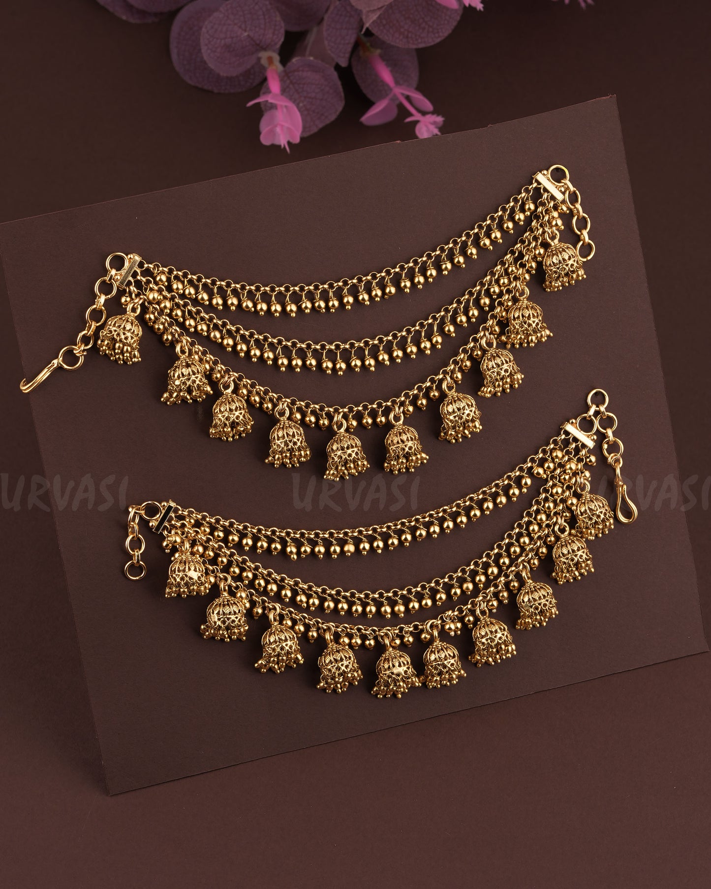 Gold-Toned Three-Layer Beaded Jhumka Ear Chain EC 79