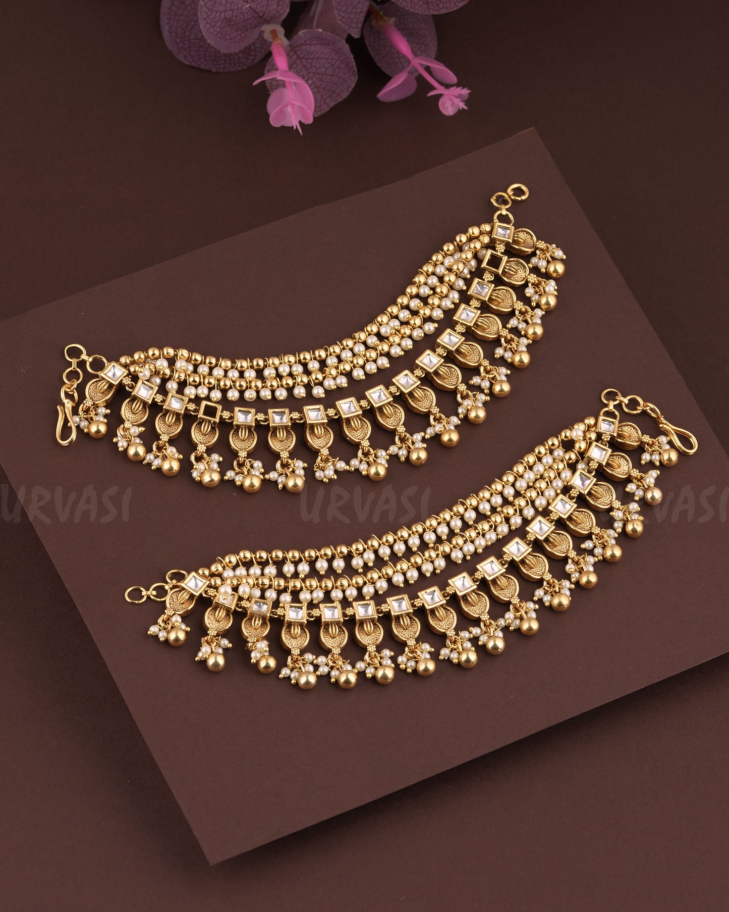 Gold Toned Box-Designed Floral Three-Layer Ear Chain EC 84