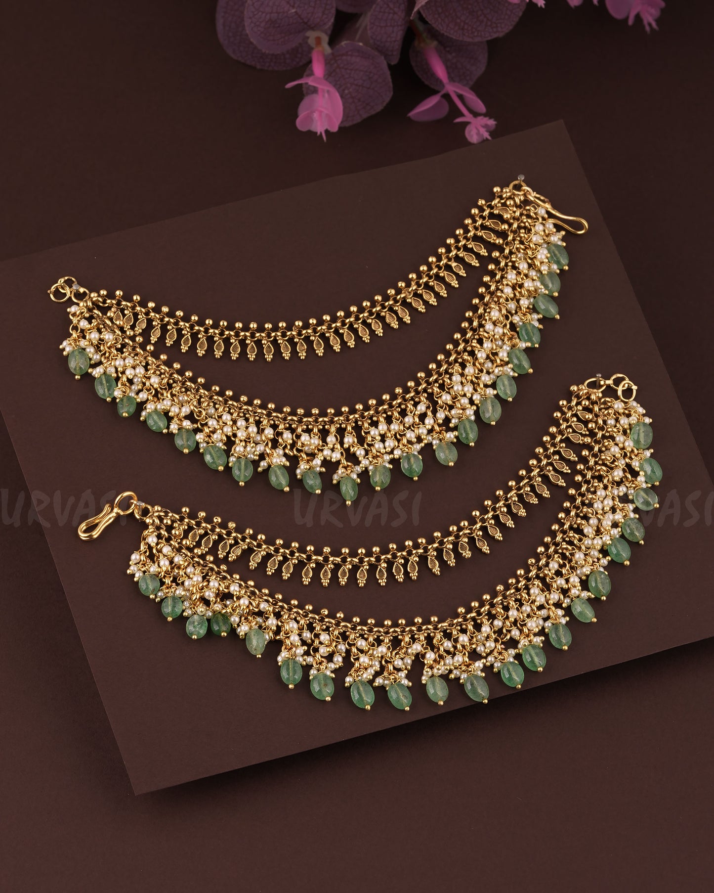 Gold Polish Leaf Designed Ghungroo Beaded Two layer Ear-Chain EC 72