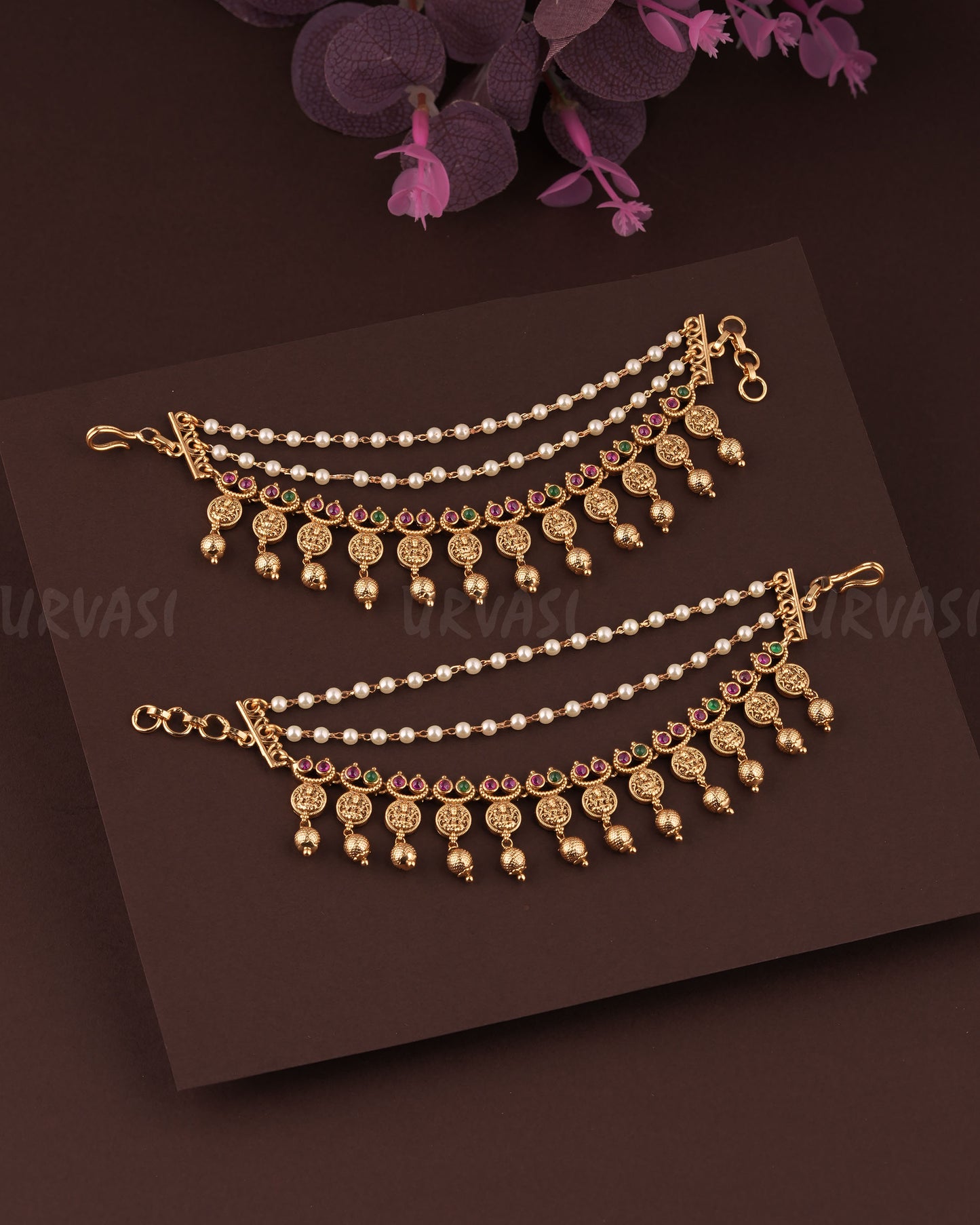Gold-Toned Three-layer Lakshmi Beaded Ear Chain EC 81