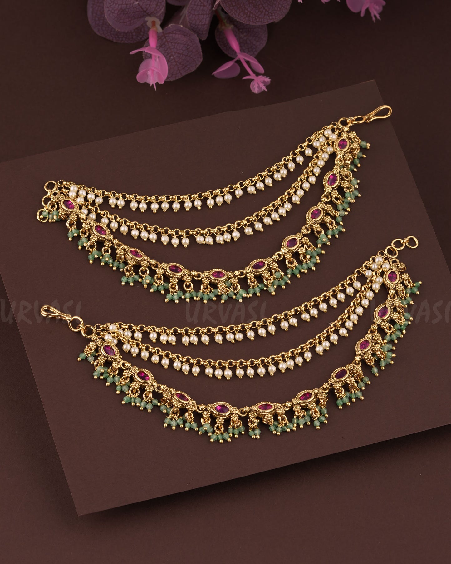 Gold-Toned Floral Three-Layer Beaded Ear Chain EC 85