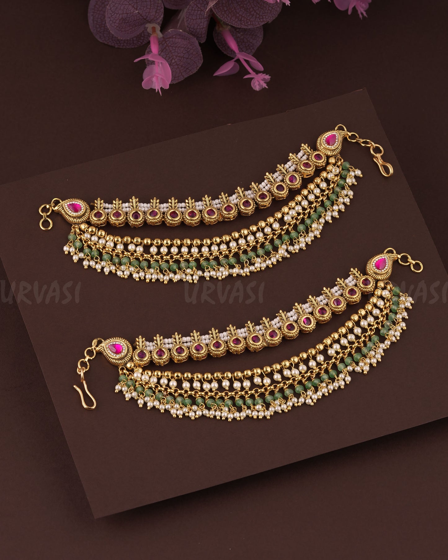 Gold-Toned Leaf-Designed Three-Layer Pearl Ear Chain EC 86