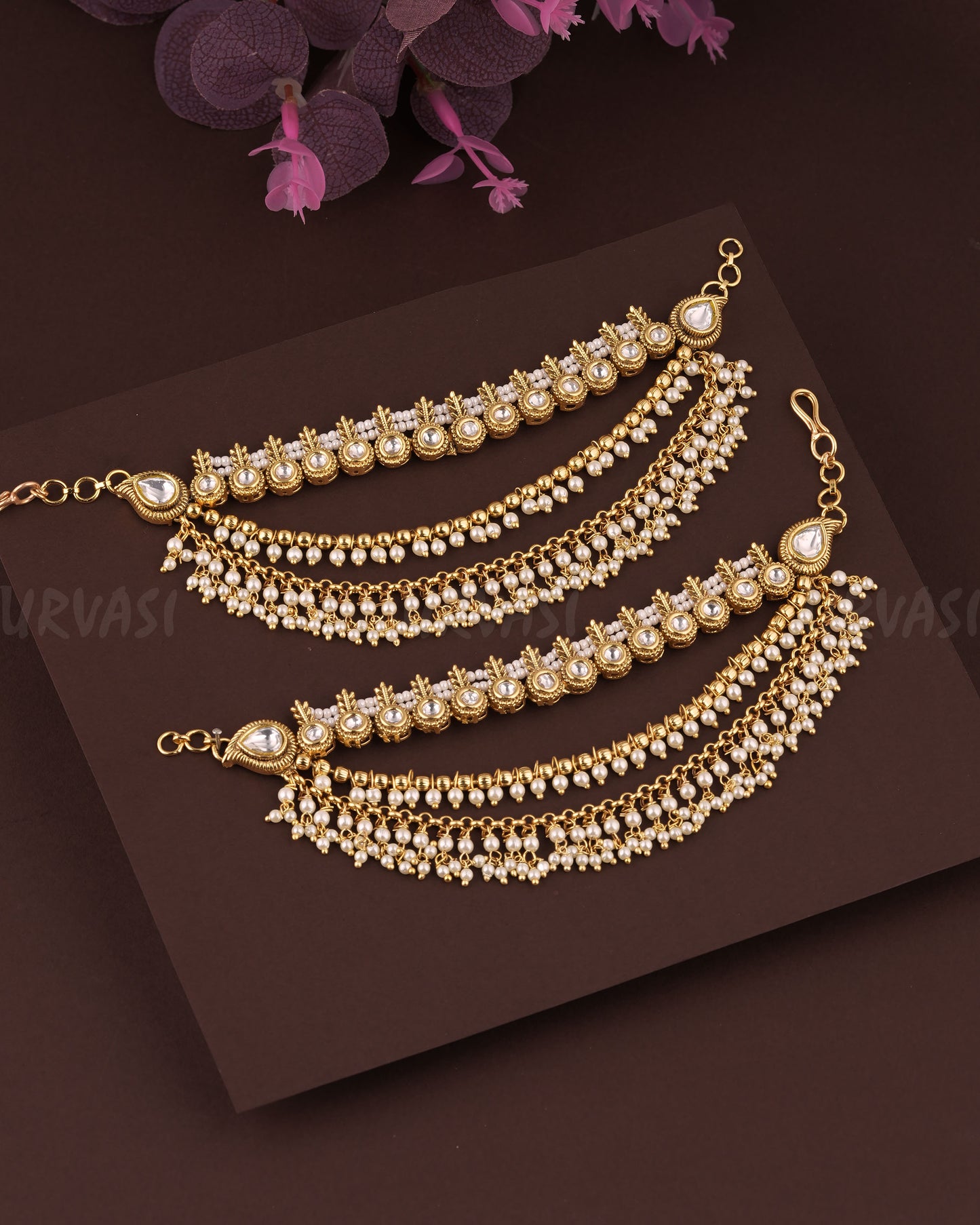 Gold-Toned Leaf-Designed Three-Layer Pearl Ear Chain EC 86