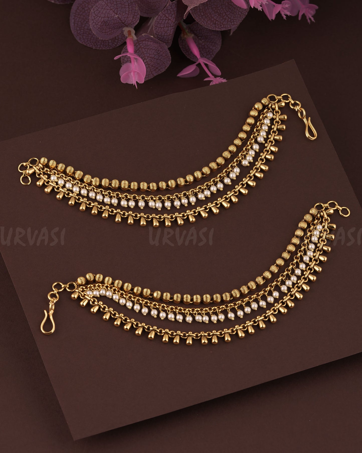Gold-Toned Three-Layer Beaded Ear chain EC 82