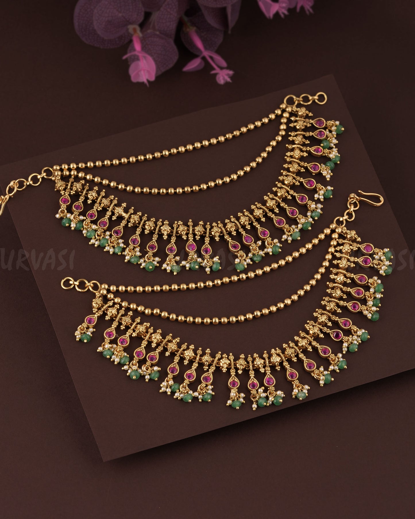 Gold Polish Floral Tear Drop Designed Three LayerEar-Chain EC 88