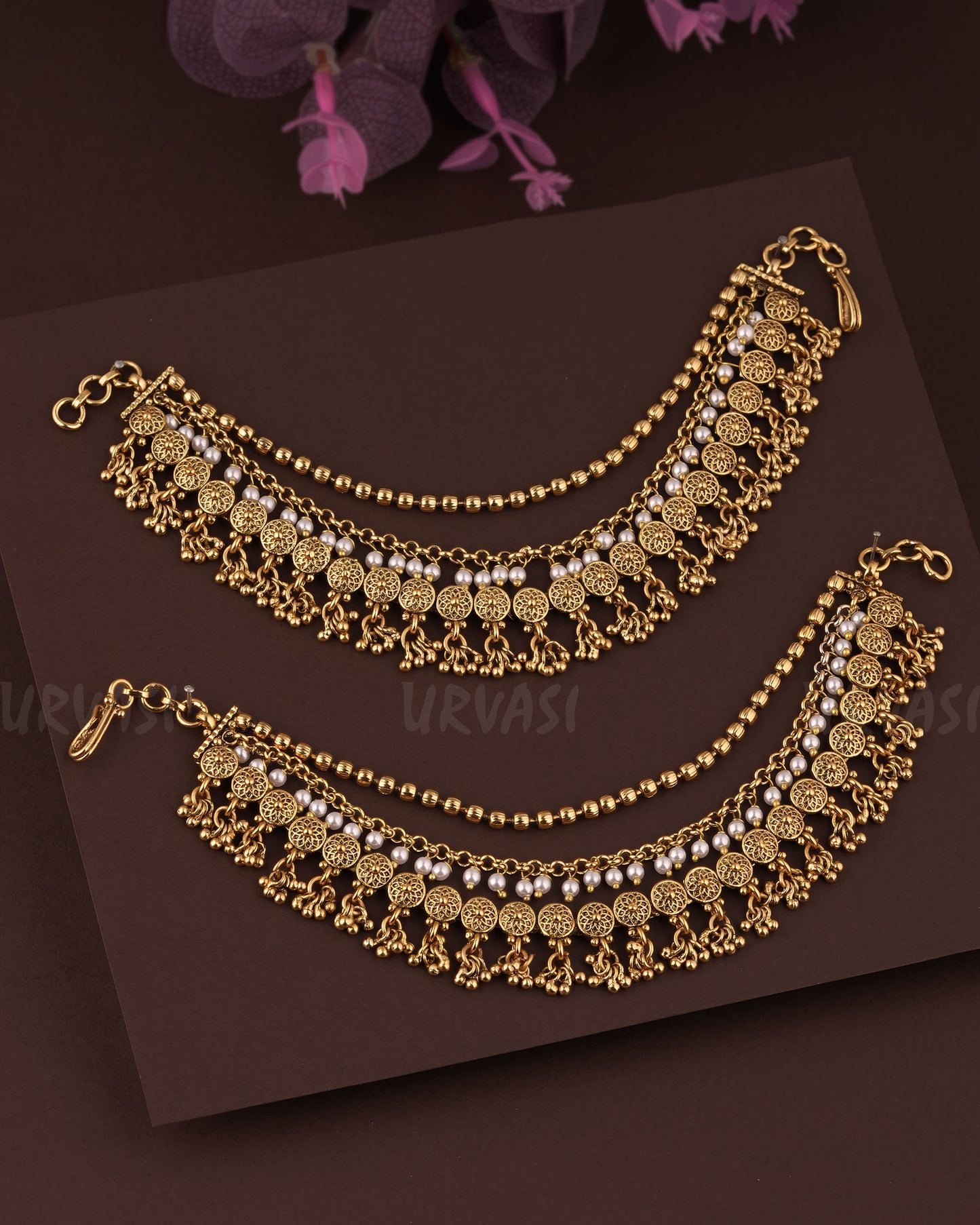 Gold Polish Floral Designed Beaded Three Layer Ear-Chain EC 90