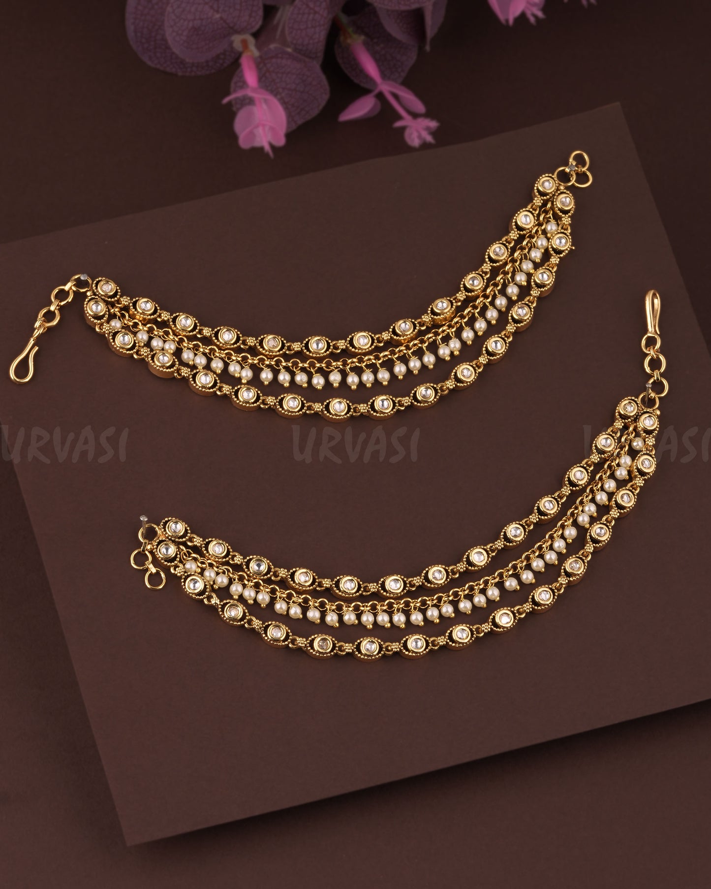 Gold Polish Eye Designed Three Layer Ear-Chain EC 89